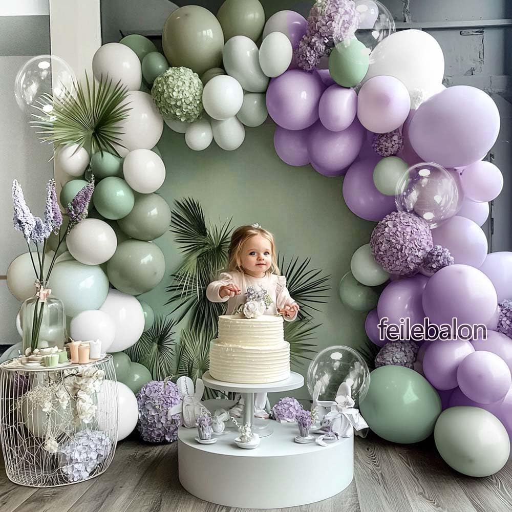 Dusty Green Purple White Balloon Arch Kit Double Stuffed Pastel Purple, Light Sage Green, Lavender Balloon Garland with Clear Bobo for Birthday Baby Shower Wedding Flower Party Decoration
