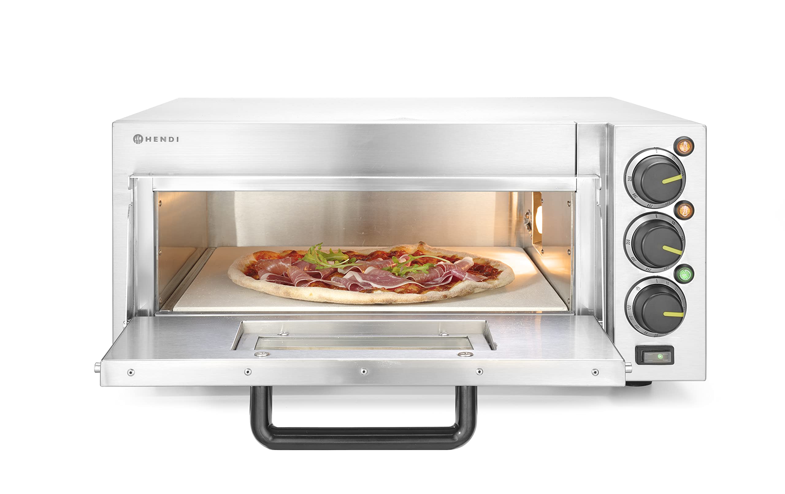 HENDI Horno profesional compacto para pizzas, horno eléctrico, para pizzas hasta diámetro 39cm, 50˚C~350˚C, 230V, 2000W, 580x560x(H)275mm, plateado, cuerpo de acero inoxidable AISI 430