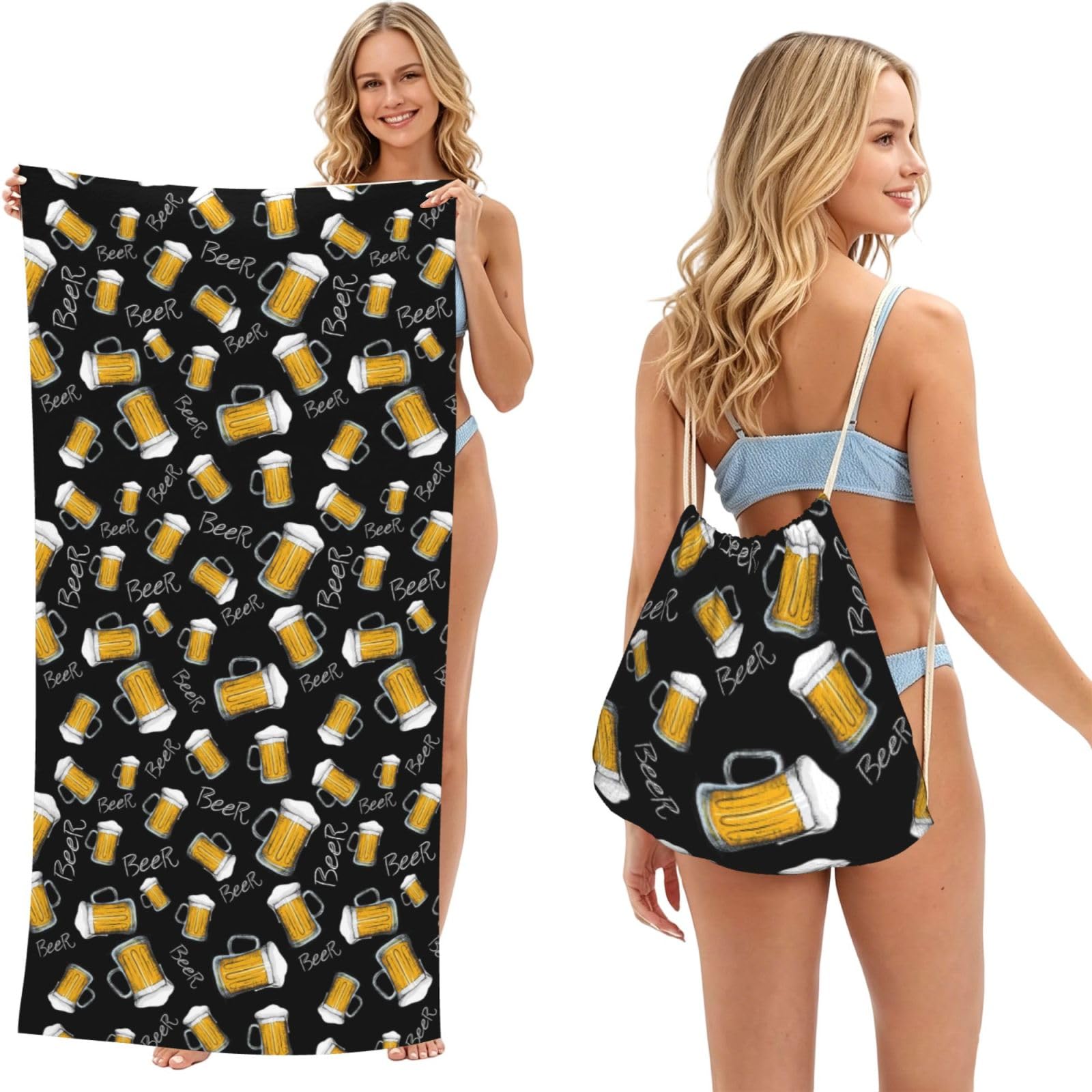 Poadnly As Picture Beer Mug Pattern, 2 In 1 Packable Towel Bag, Beach Towels With Drawstring Backpack For Travel Holiday Camping