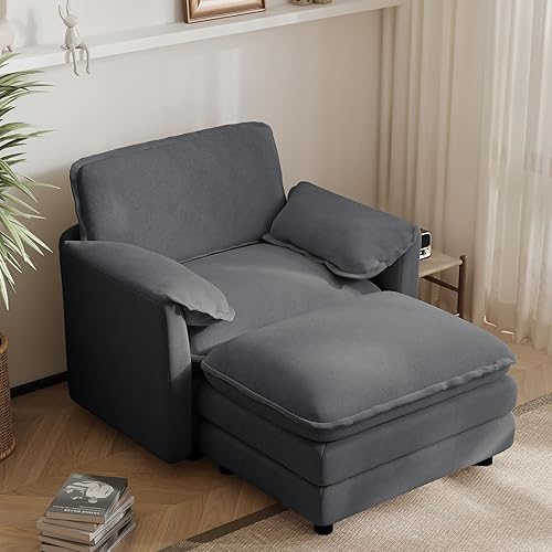 Oversized Chaise Lounge Chair Indoor with Ottoman, Firm Solid Wood Frame with Long Service Life Chenille Oversized Lounge Reading Chair for Study Room - Grey