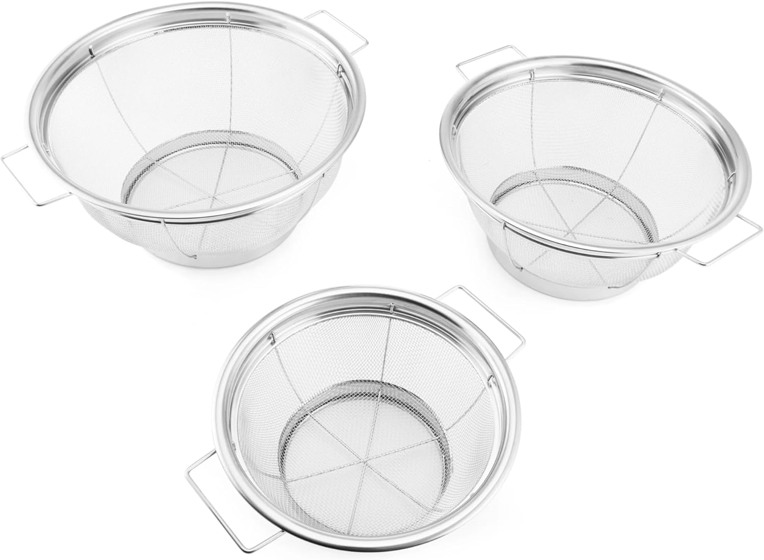 Stainless Steel Mesh Sieves Set of 3, Professional Kitchen Strainer Set with Fine Mesh, Multi-Purpose Sifter for Flour Tea Sugar Baking, Dishwasher Safe