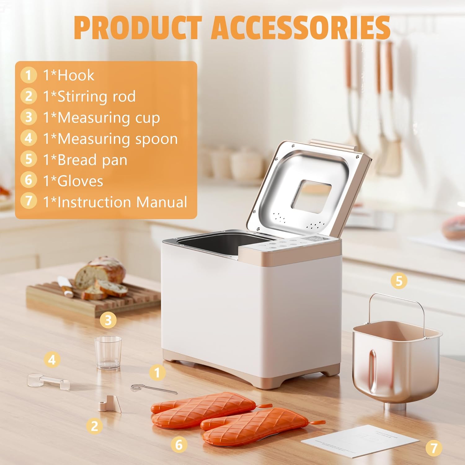 Karinear Bread Maker features: 360-degree surround baking, 15-hour timer, 1-hour keep warm, and settings restoration within 15 minutes