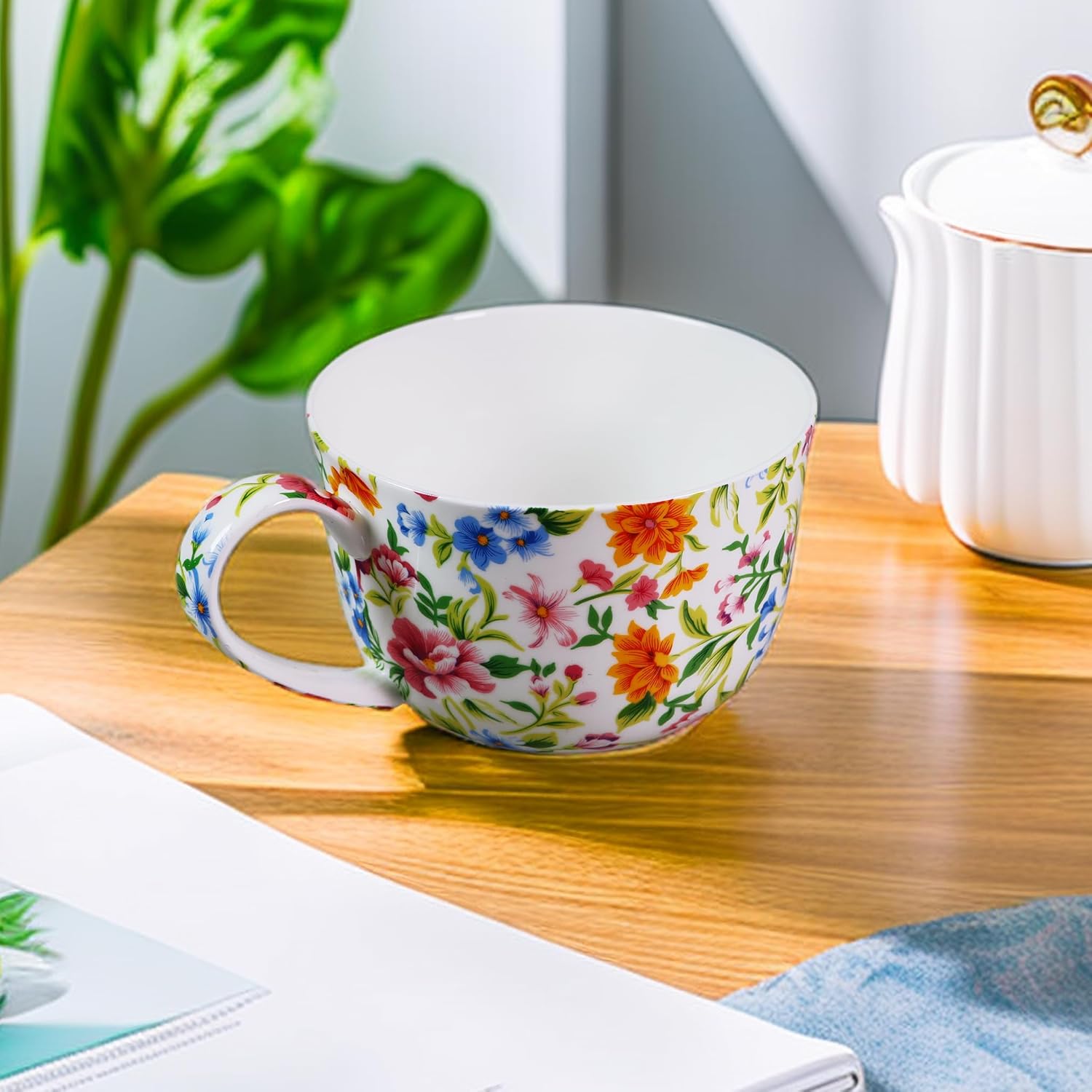 25 Ounce Soup Bowls with Handles Bone China Soup Mug with Handles Flora Soup Cup Large Soup Bowl for Coffee Cereal Oatmeal Latte (White) - Image 4