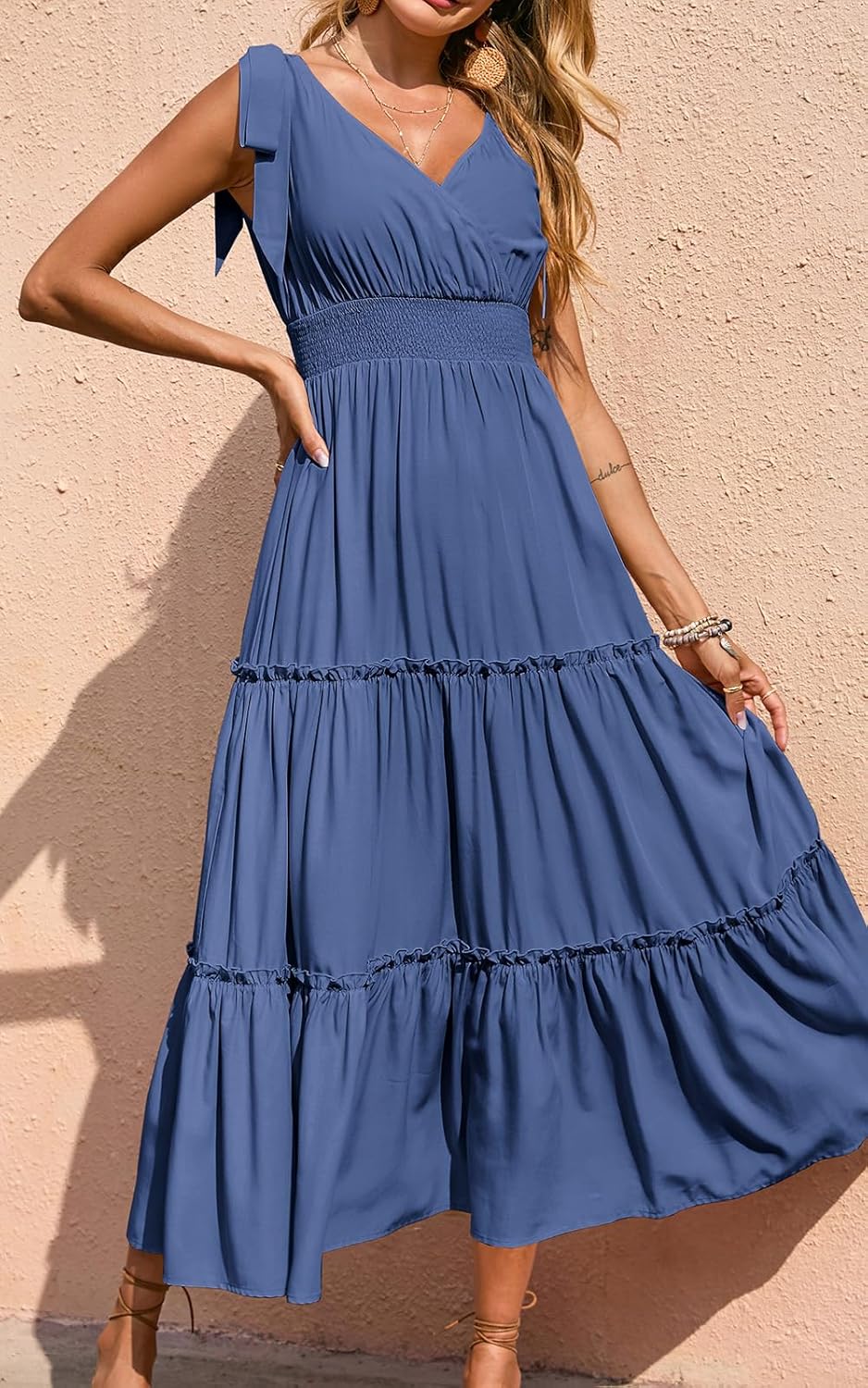 PRETTYGARDEN Women's Cross Neck Spring Sleeveless Tiered Maxi Dress Beach Tie Strap Smocked Long Dresses Pleated Sundress - Image 4