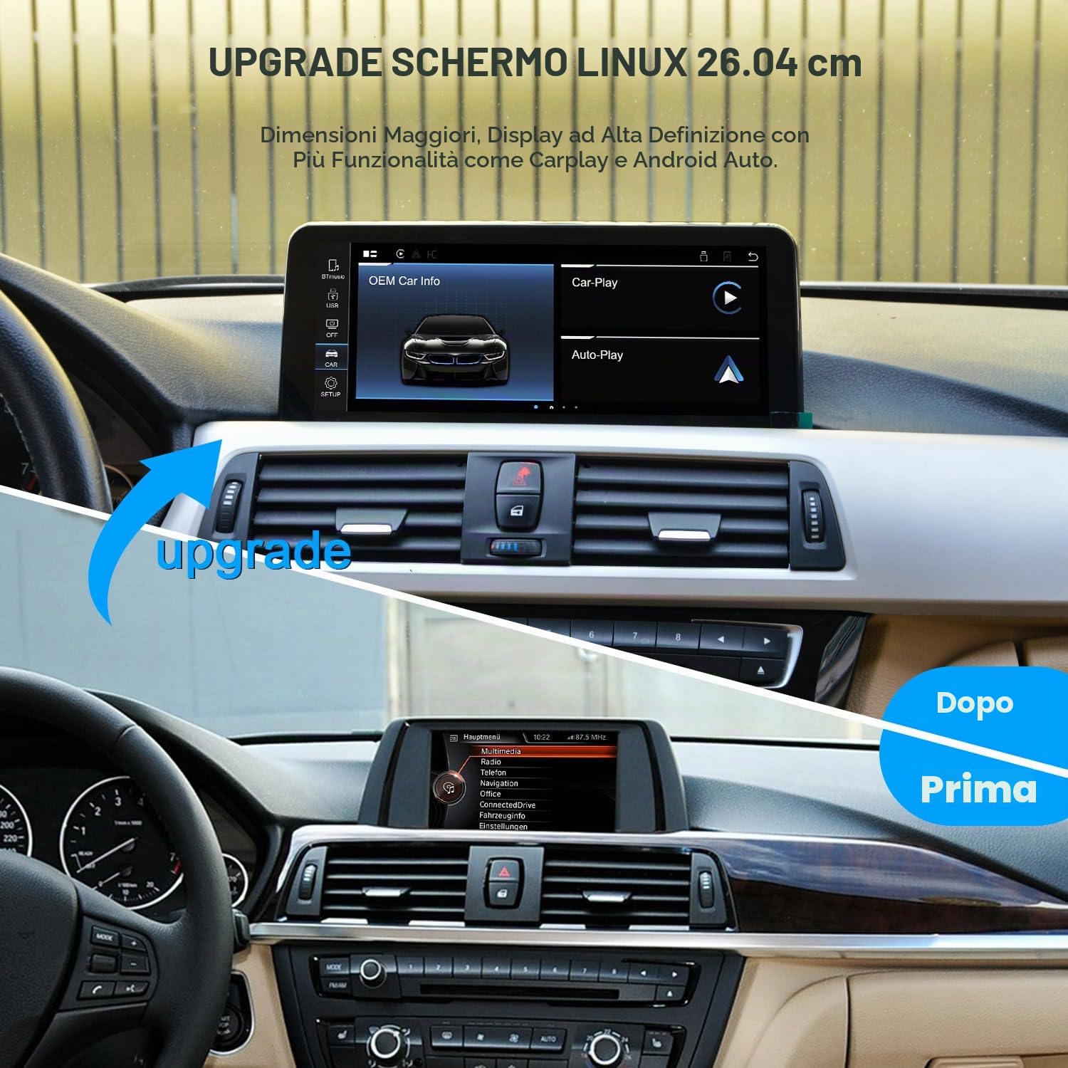 PEMP Schermo Linux per BMW F30 F31 F32 F33 F34 F35 F20 F21 F22 2012-2017 sistemi ID4 NBT CIC, CarPlay cablato/wireless compatibile iOS 26 e Android Auto, accessori autoradio per 320i 328i