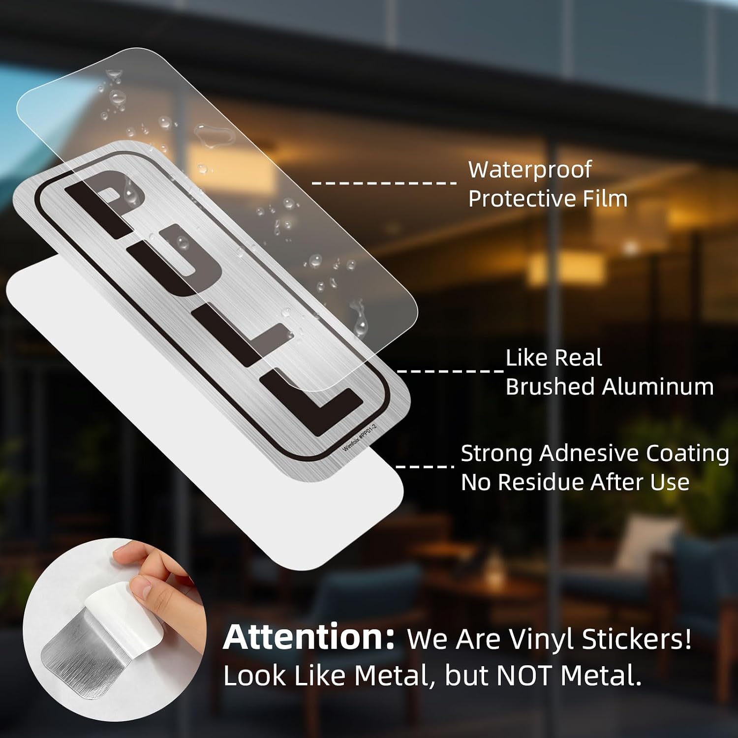 Push Pull Door Stickers 4 Pack (2 Sets), Premium Vinyl Brushed Silver Finish 2x5 Inch Push Pull Door Signs, Waterproof Weatherproof with Strong Adhesive for Business & Storefront Doors image 3