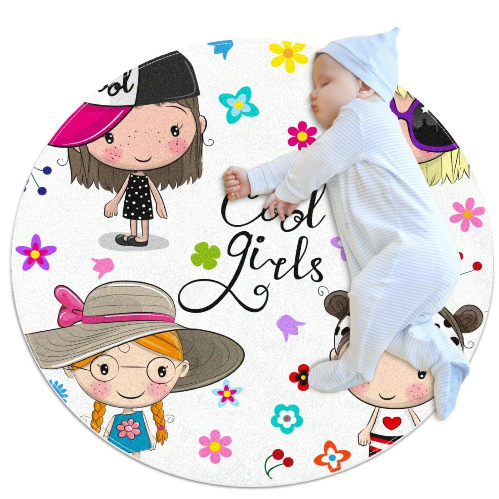 Tapis de jeu pour enfants rond avec motif floral animaux pour chambre fille et garcon