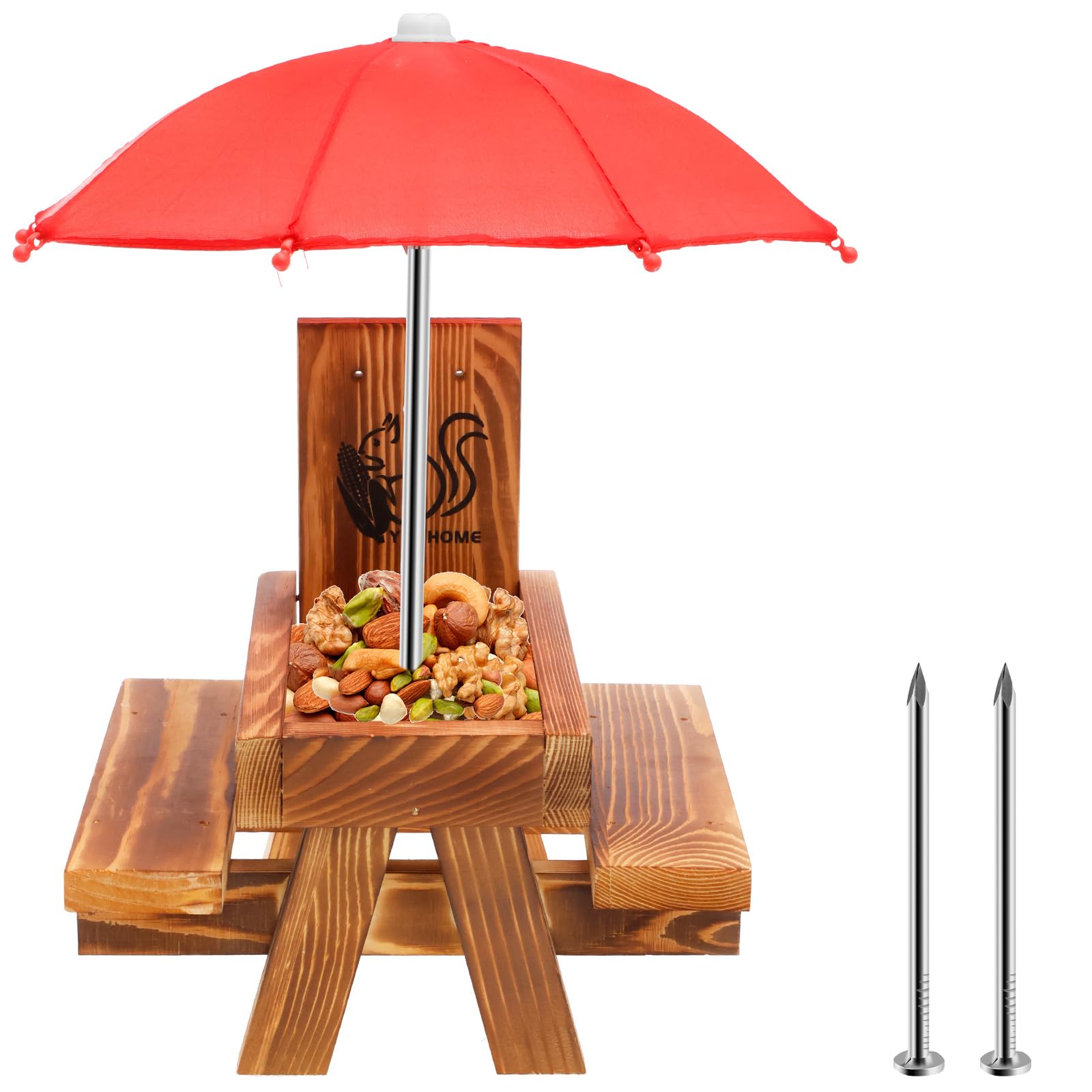Wooden Squirrel Feeder House with Umbrella, Squirrel Feeder Picnic Table, New Premium Gift for Squirrels and Chipmunk Lovers, Outdoor Garden Ornaments for Wildlife Bird Animal Bench Feeders