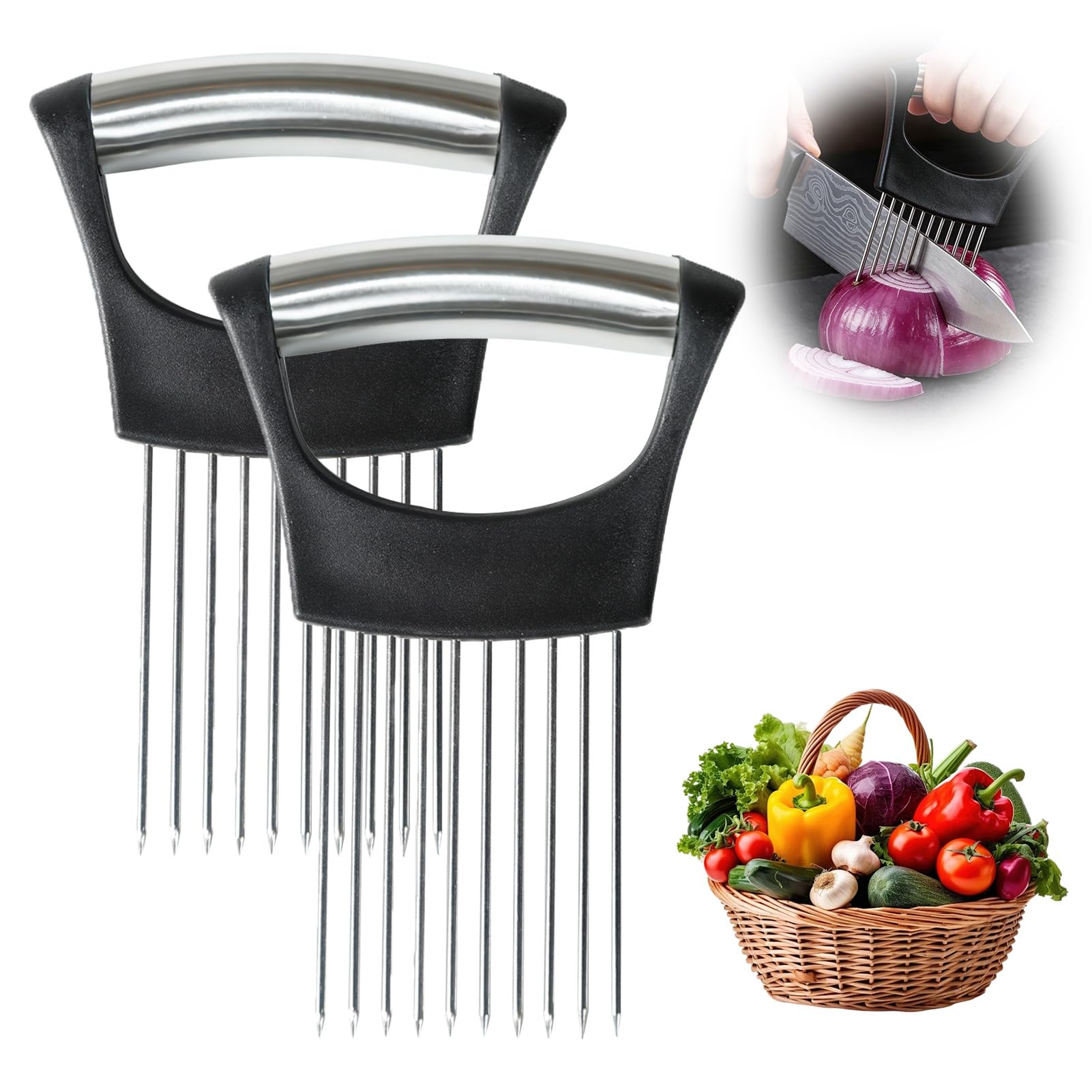 2 Pcs Onion Holder for Slicing, Stainless Steel Onion Holder, Onion Slicer with Protective Cover,Vegetable Slicer Holder for Cutting Vegetable, Potato,Fruit, Lemon, Avocados, Meat Slices Tool