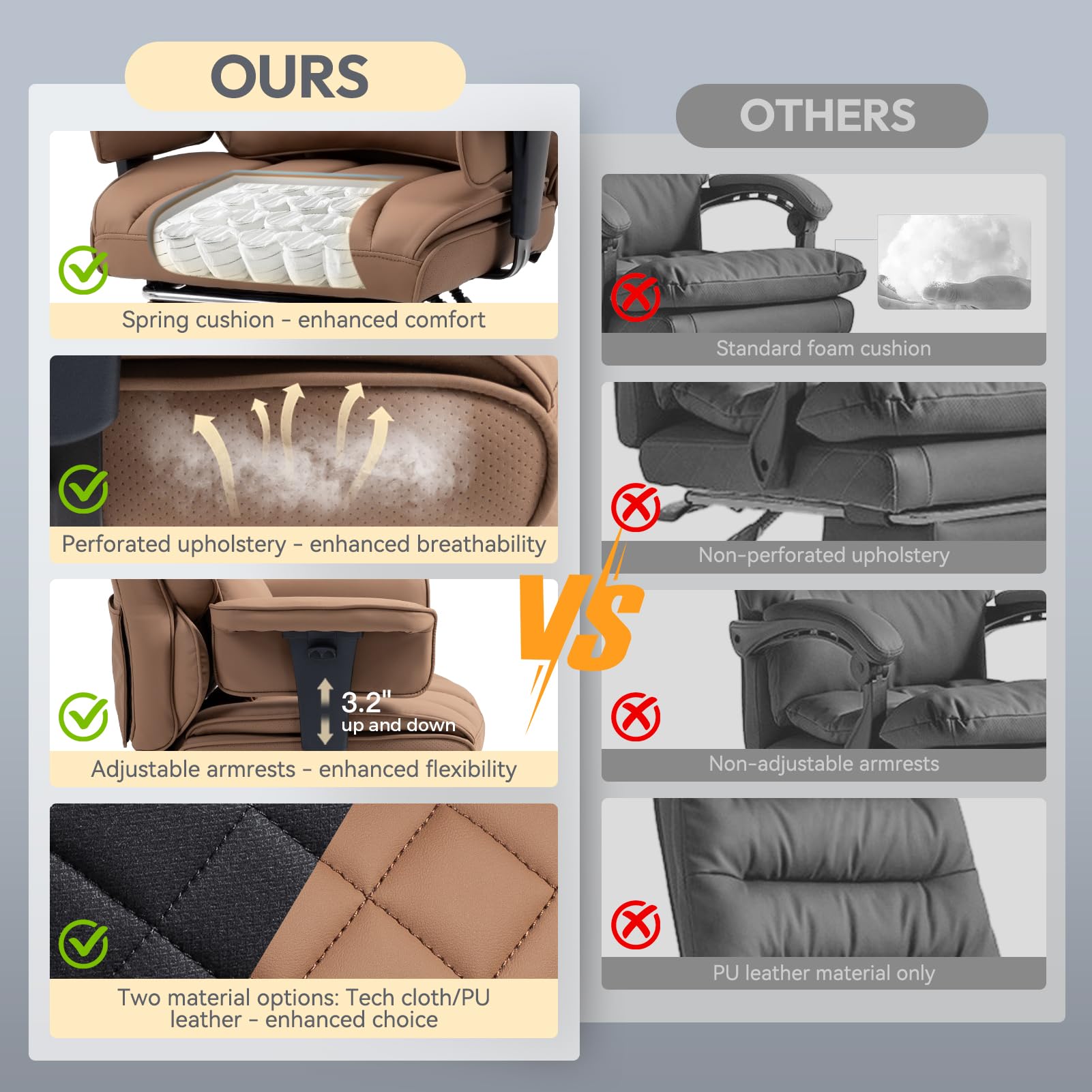 Dowinx Big and Tall Office Chair with Pocket Spring Cushion,High Back Computer Gaming Chairs with Adjustable Armrests,Executive Desk Chairs with Lumbar Support and Footrest,PU Leather-Brown