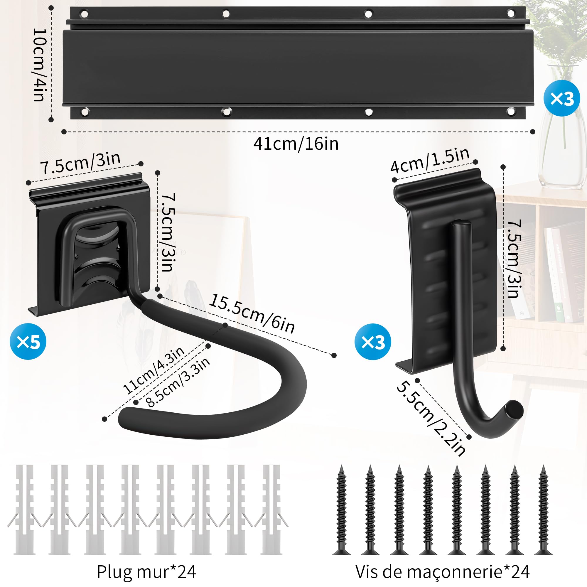 OUUTMEE Support Vélo Mural Vertical, Charge Max 150+ kg,5 Vélos + 3 Casques | Porte Vélo Mural Vertical en Acier au Carbone, Support Mural de Rangement de Vélos pour Garage,Fer Solide Antirouille