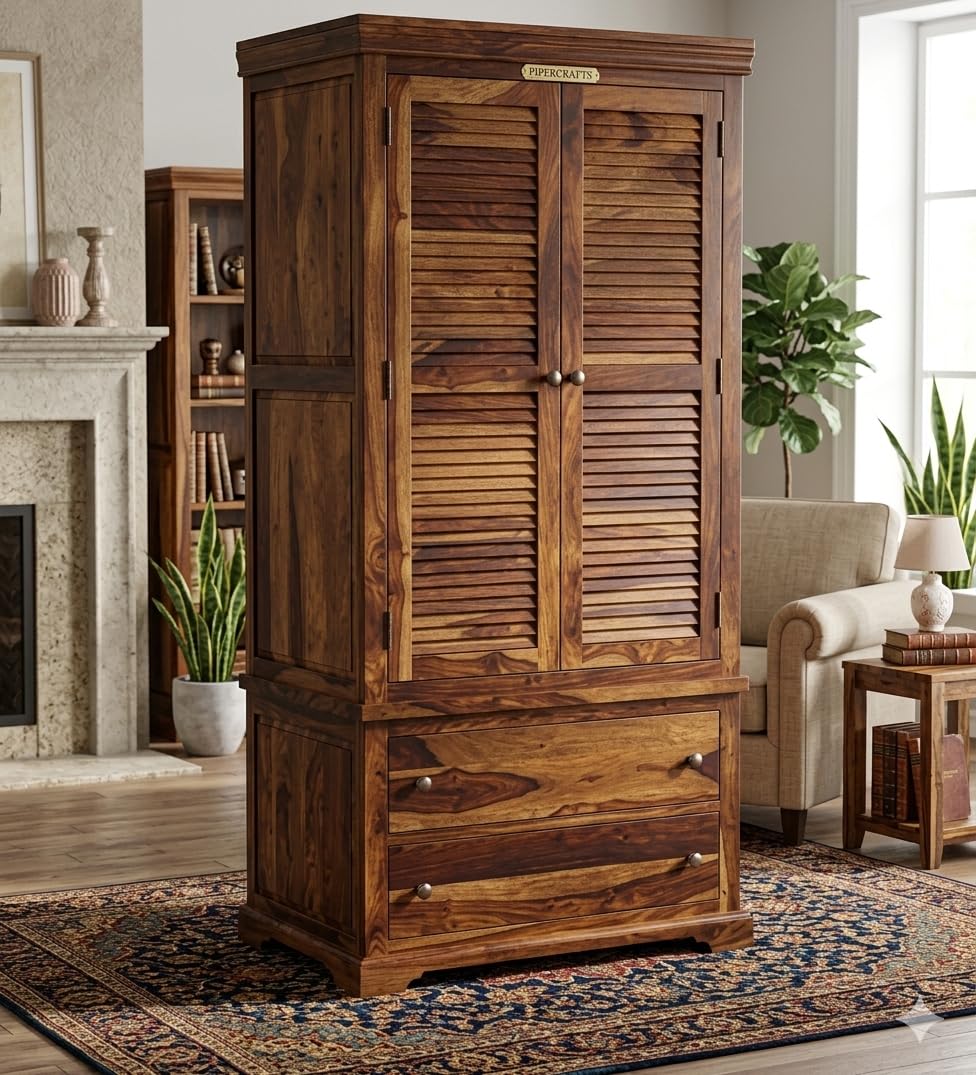 PIPERCRAFTS Solid Carved Wood 2 Door Multipurpose Storage Organizer Wardrobe, Book Shelf, Storage Cabinet, Drawer Cloth Wardrobe in Provincial Teak Finish-picture-16