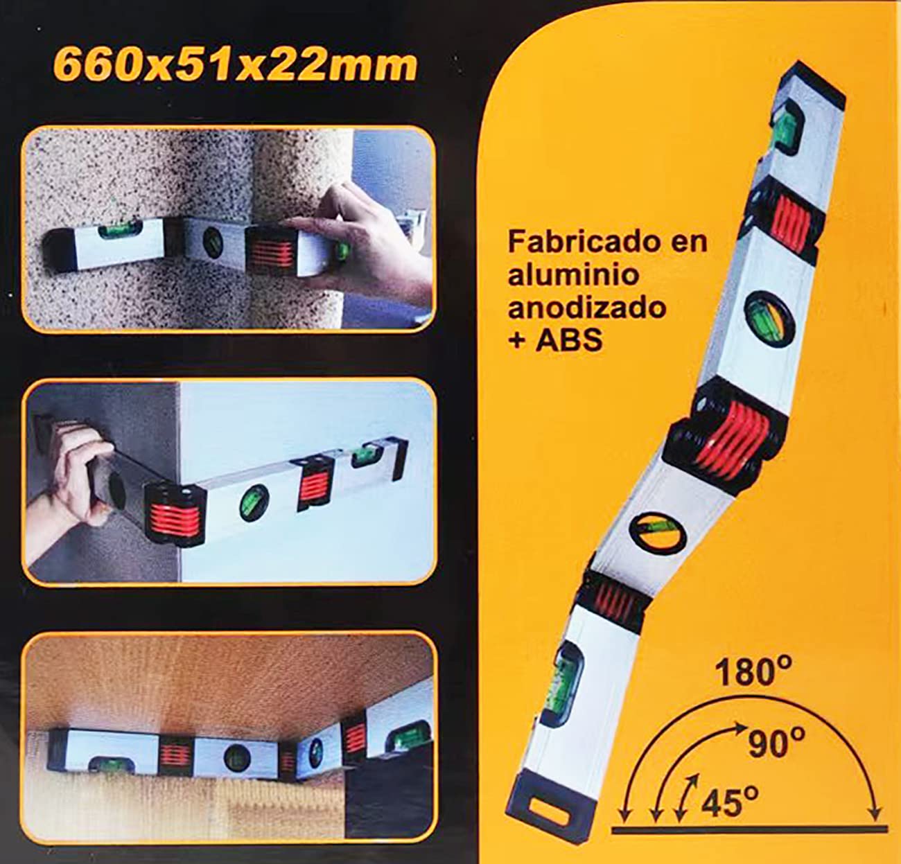 Nivel de Burbuja Magnético Flexible 66 cm - 4 Frascos: Sistema de Nivelación Horizontal, Vertical, Oblicuo,ABS y Aluminio Plegable y Articulado Bricolaje Albañilería y Carpintería