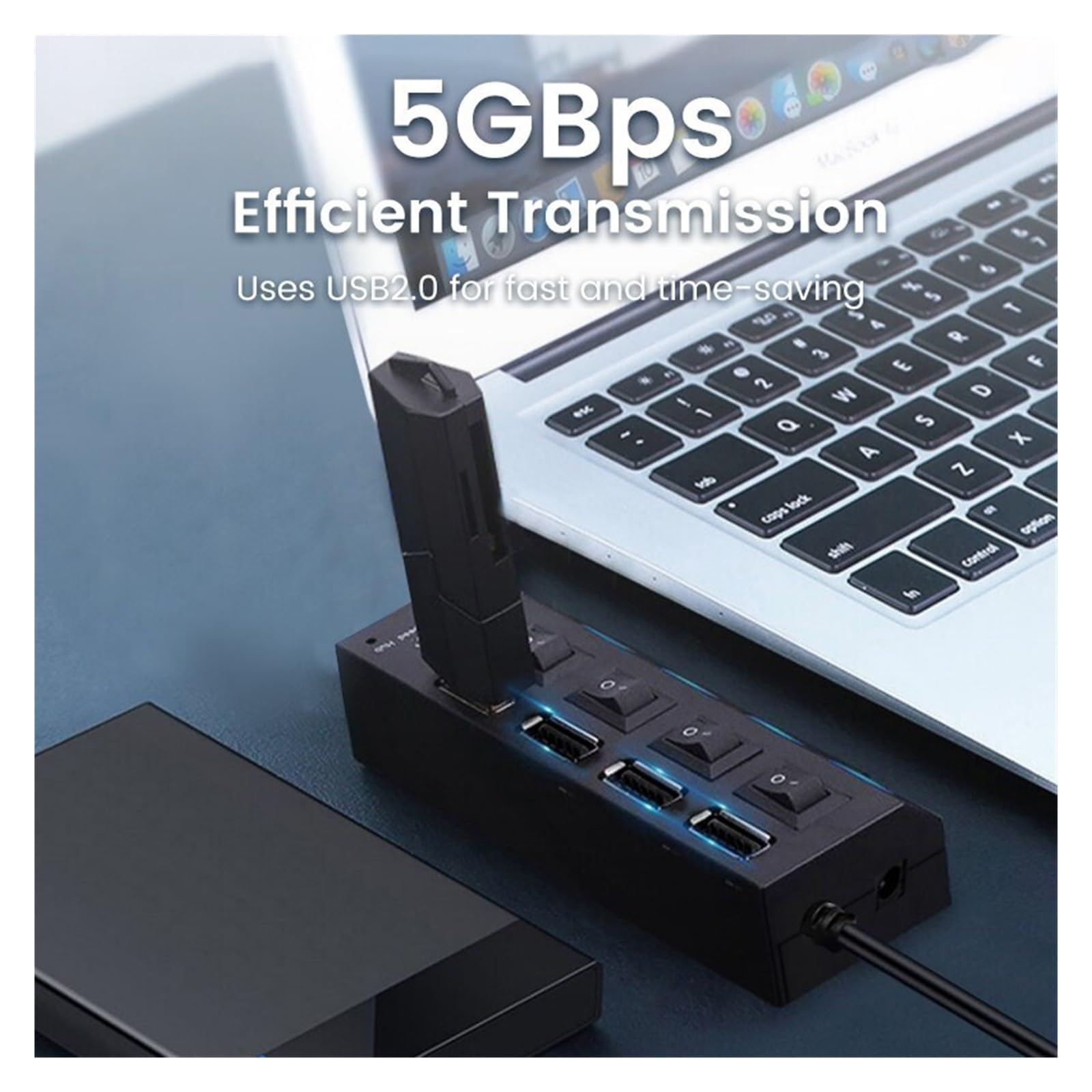 Koncentrator USB 2.0 Rozdzielacz Wielu Portów Hub Użyj Zasilacza 7-portowy Wielokrotny Ekspandera Z Przełącznikiem Kabel 30 Cm MożLiwość Szybkiego łAdowania(White)