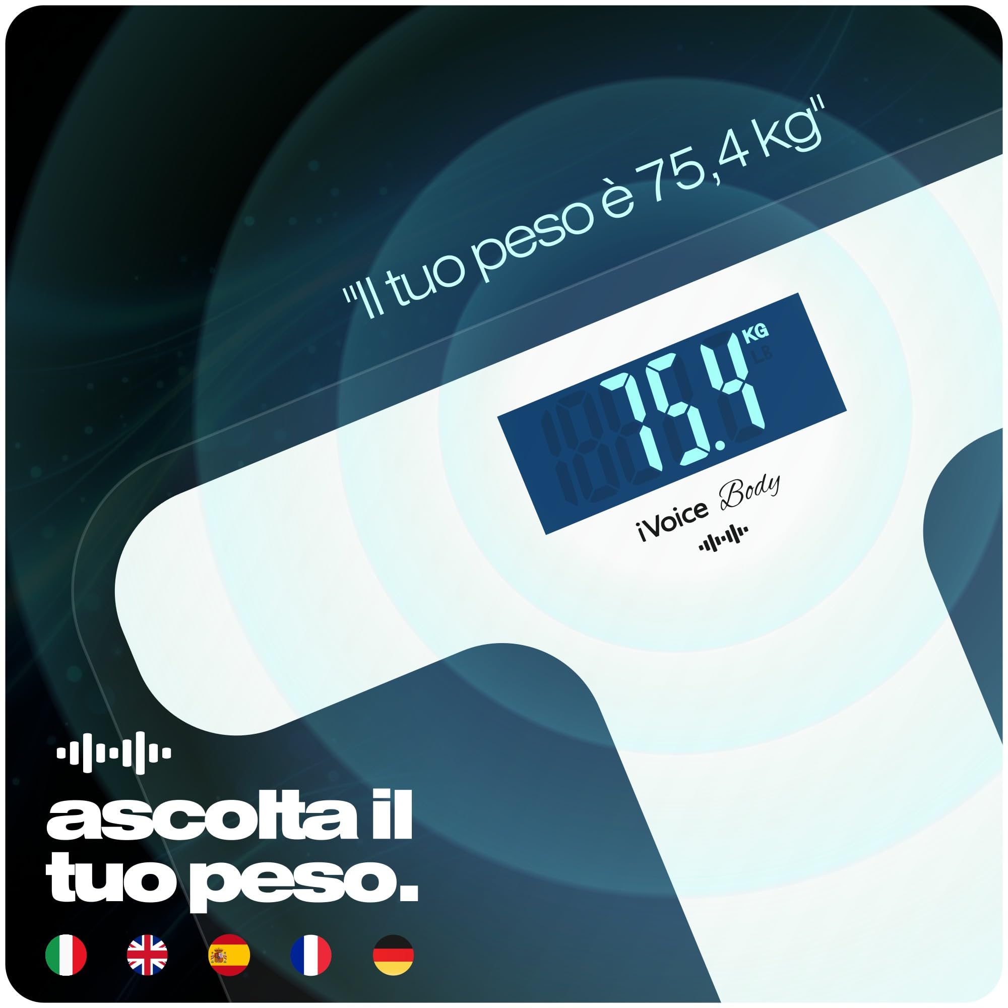 Bilancia Pesapersone Parlante VIBAS iVoice Body, per Non Vedenti o Anziani, Parla 5 Lingue, Voce Chiara, con Ausili Sonori per orientarsi, Ripetizione del Peso, Volume regolabile, Batterie Incluse