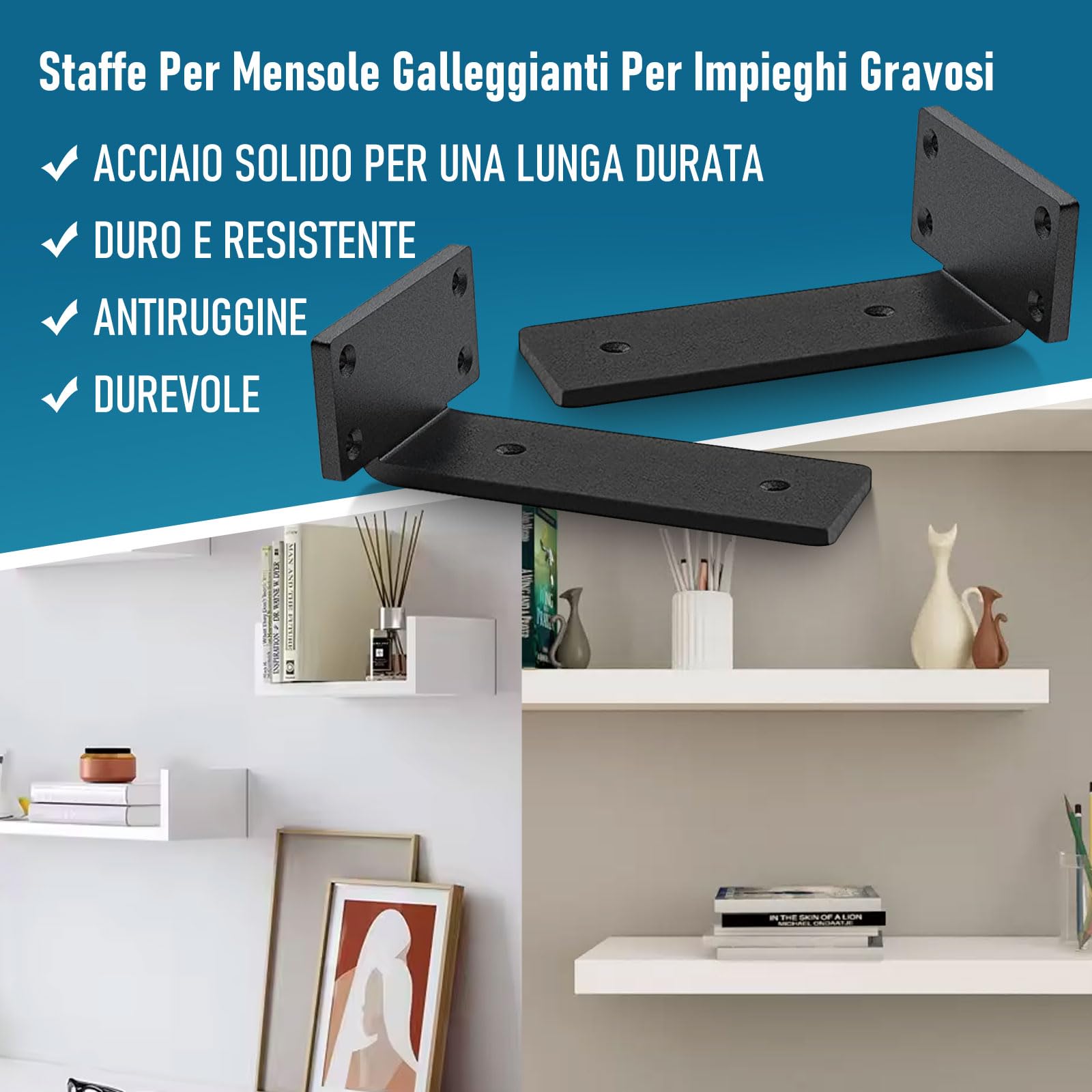 4 Pezzi Staffe per Mensole Pesanti, Staffa Angolare Nascoste Galleggianti, Supporto da Appendere Alla Parete, Staffa a L con Viti per Scaffali (Nero, 30cm)