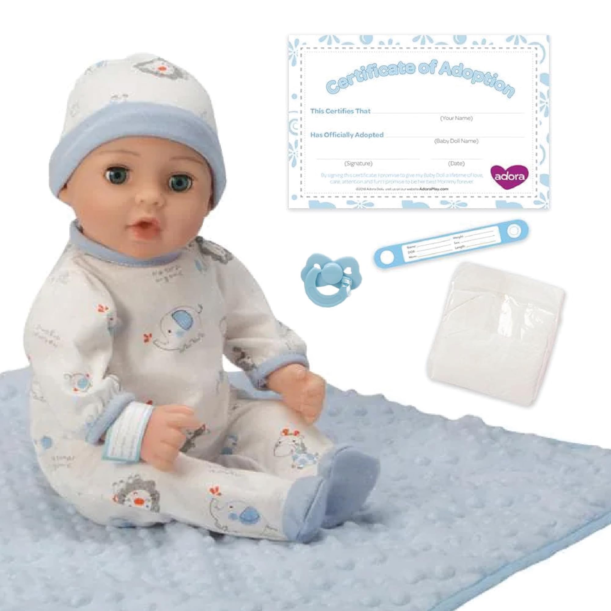 Adora 16 Inch Boy Baby Doll with Accessories Blue Matching 9-Piece Set Including a Pacifier, Hospital, Bracelet, Diaper, and More Gift for Toddlers Ages 3+ Adoption Babies Collection - Handsome