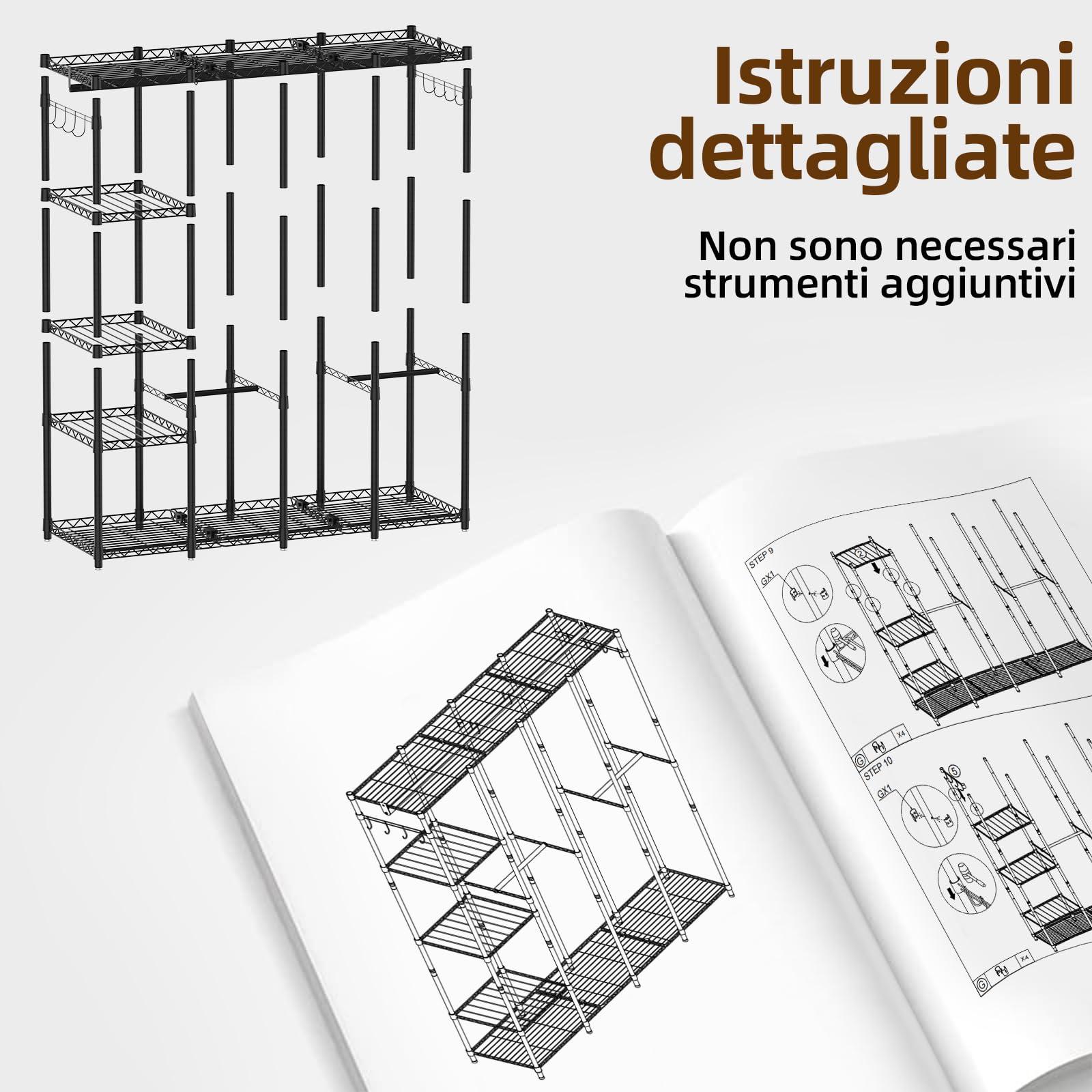 AQRA Stand Appendiabiti in Metallo, Altezza Del Ripiano Regolabile, Grande Capacità Guardaroba, 4 Metodi di Assemblaggio, per Appendere i Vestiti, Riporre i Vestiti, 193,5W×43,5D×195H (Nero)