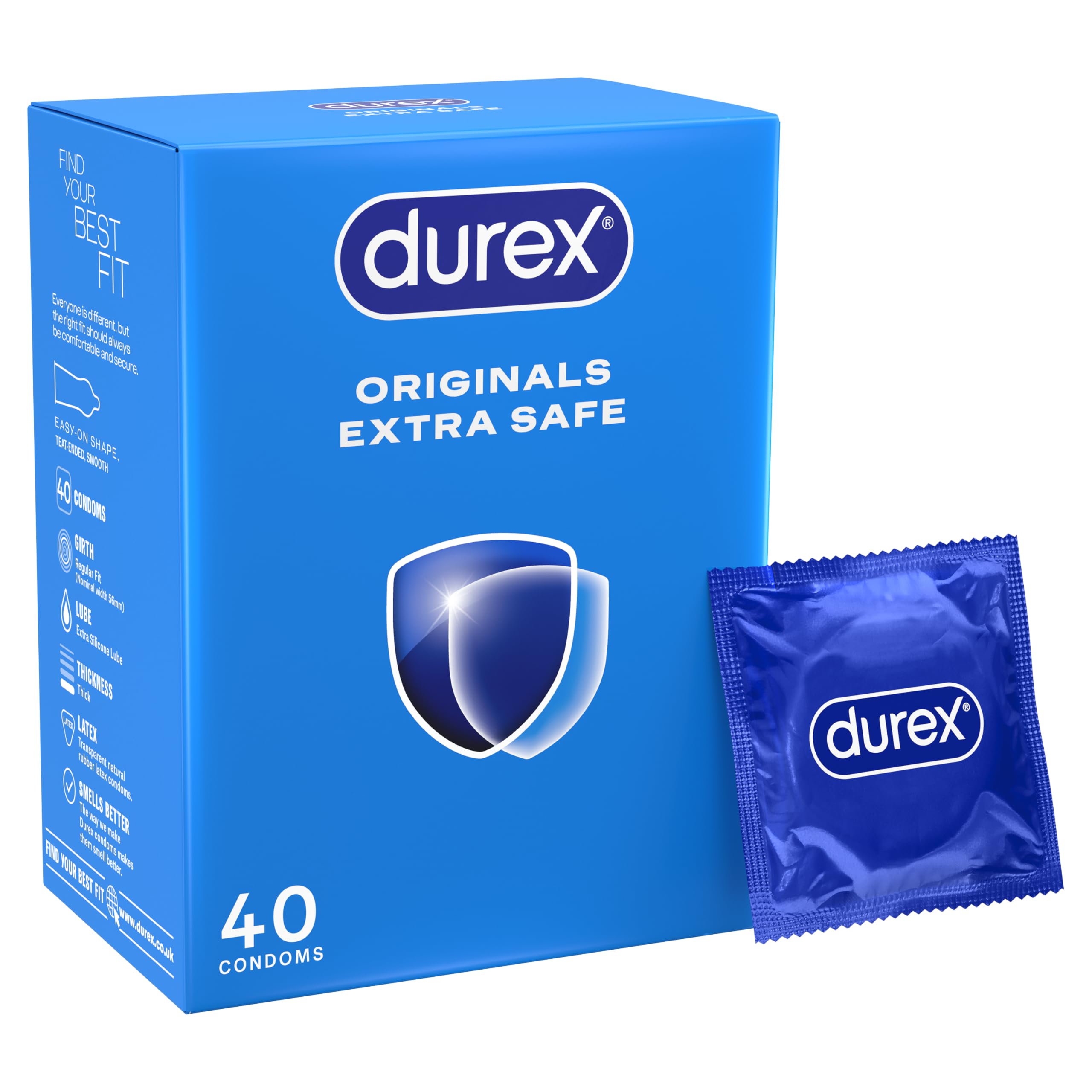 Durex Originals Extra Safe, 40 Condoms, Regular Fit, Silicone Lubricated
