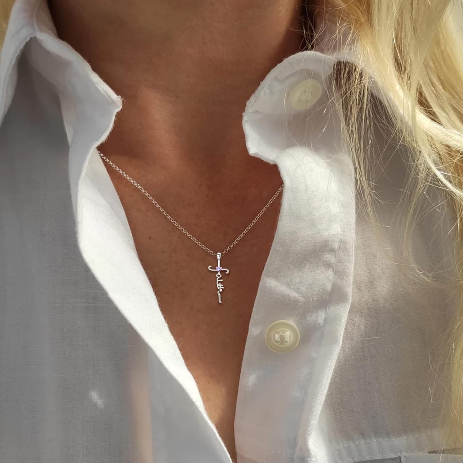 Silver Cross Necklace for Women, Sterling Silver Chain Birthstone Faith Cross Pendant Necklaces Christmas Christian Religious Birthday Gifts for Her, with Gifts Box - Image 3