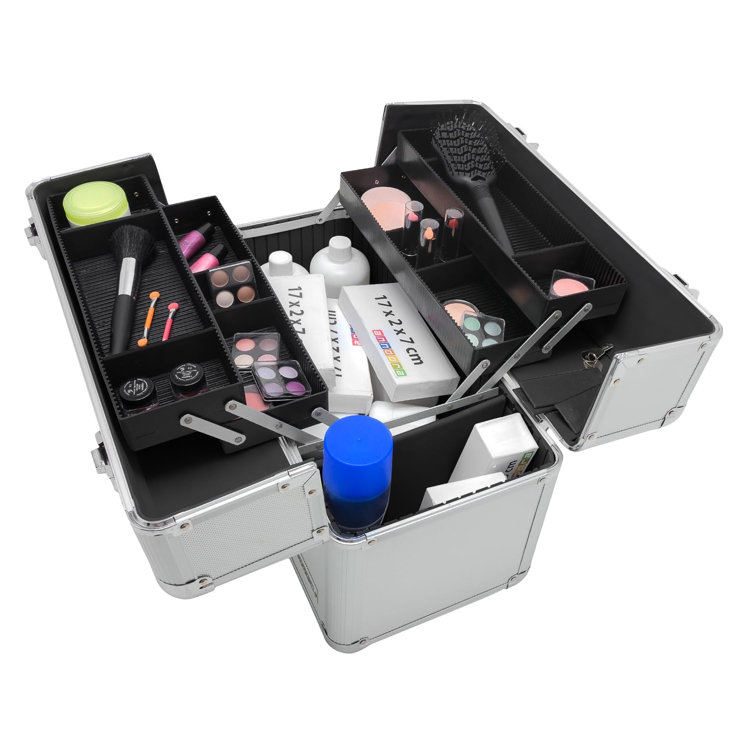 anndora Werkzeugkoffer - L 45 x B 23 x H 34 cm - Abschließbar - Farbe Silber - deckel mit Griff oben - Edelstahl Ecken - Klappfächer Innen - besondere Höhe Innen