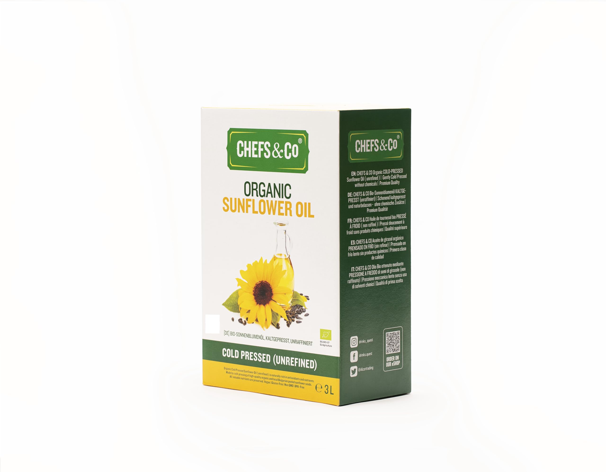 CHEFS & CO Huile de Tournesol Bio | Pressée à Froid | Non Raffinée | Huile Végétale Alimentaire | Sans Additifs | Pour Cuisson, Salades et Alimentation Saine (3 L (Paquet de 1))