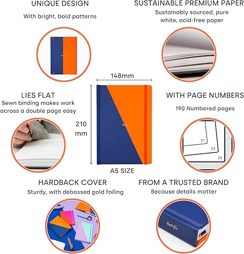 Miniatura 8 de Yop & Tom Diario con forro de contraste, cuaderno A5 con papel grueso de 3.53 ozm y encuadernación plana, azul marino y naranja