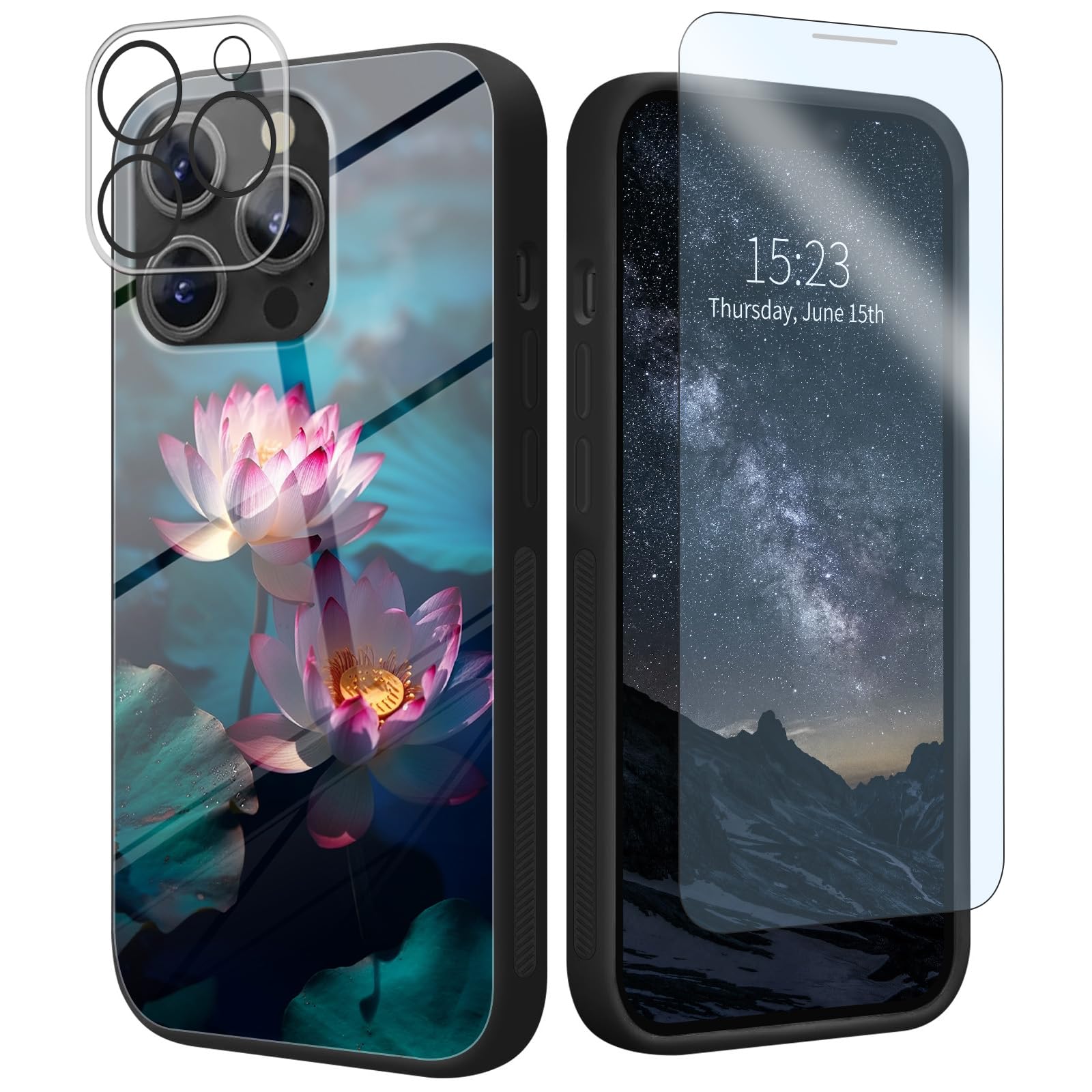 for iPhone 15 Pro Max Case with Screen and Camera Lens Protector Tempered Glass Back and Soft TPU Bumper Shock Protective for Woman and Man Cover for Apple iPhone 15 Pro Max 6.7",Pink Lotus