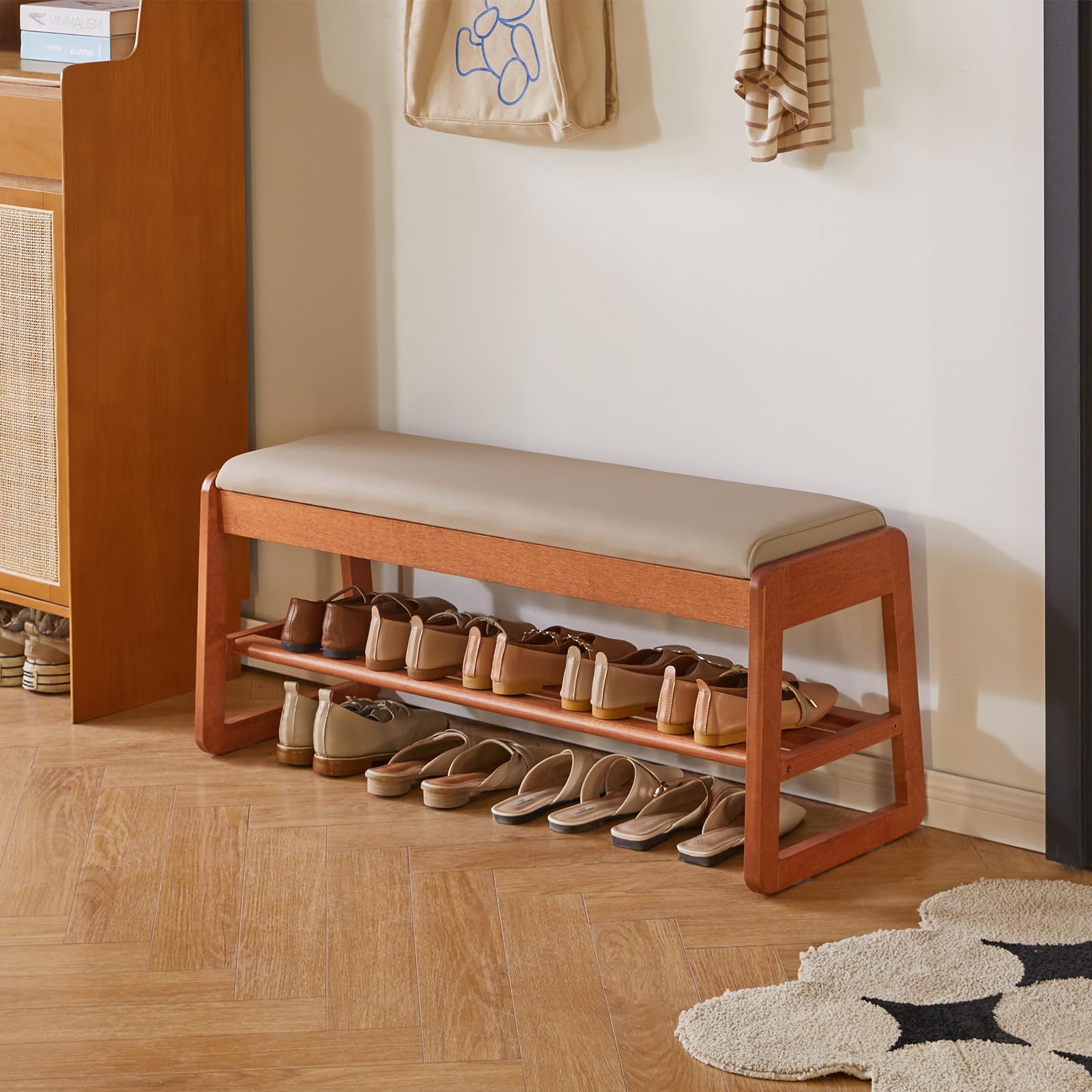 Aibiju Schuhbank mit Kissen, Aufbewahrungsbank mit gepolsterter Sitzfläche, 100 cm Schuhregal für Eingangsbereich, Wohnzimmer, Flur, Schlafzimmer, Kirschholzfarbe YD-WD062C