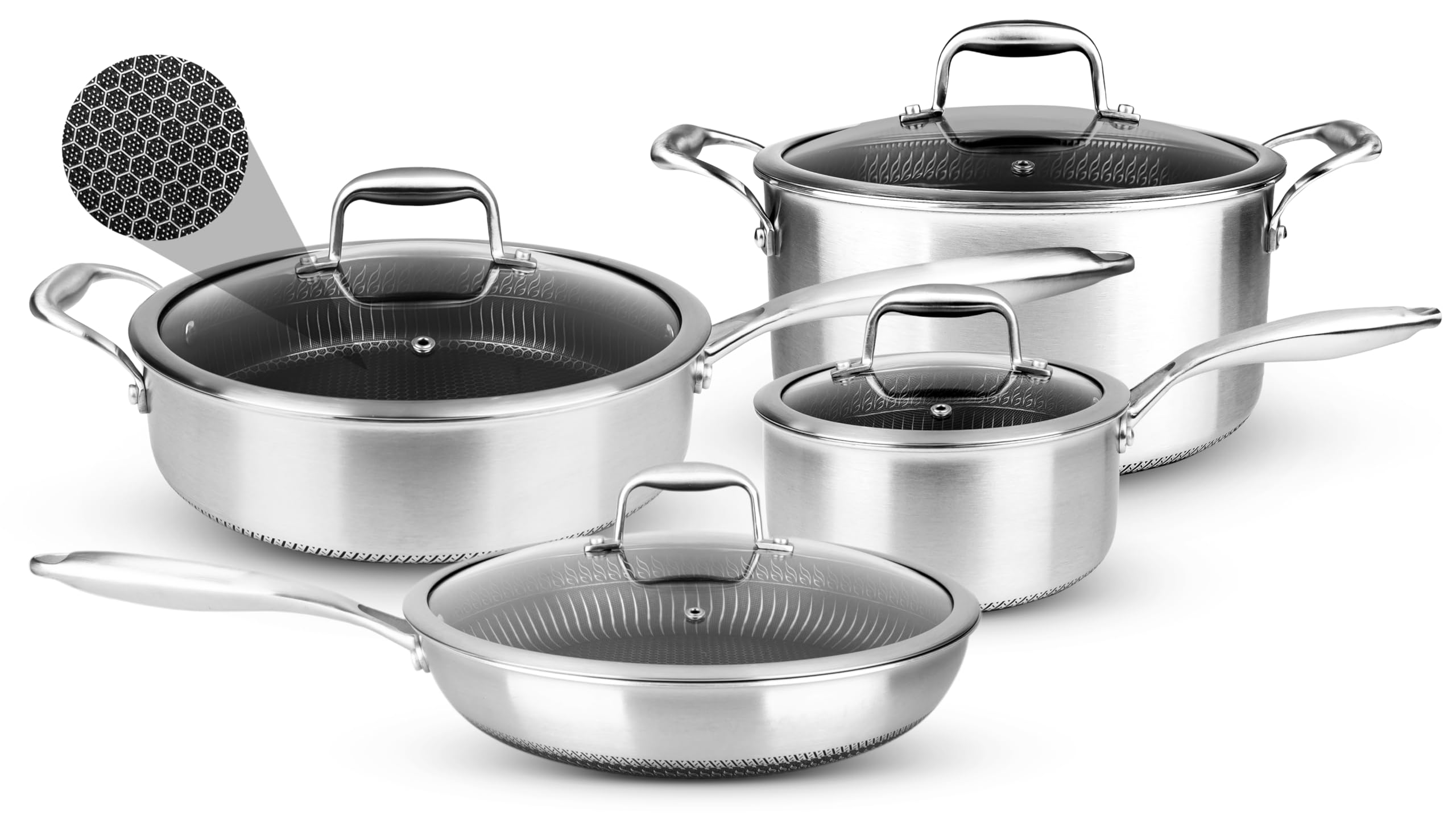 Nutrichef Stainless Steel Pots and Pans Set, 8pcs Cookware with Glass Lids, Induction Hob Pots, Cooking Saucepan Pot, Triply Frying Pan Set, Dakin Etching Nonstick Coating
