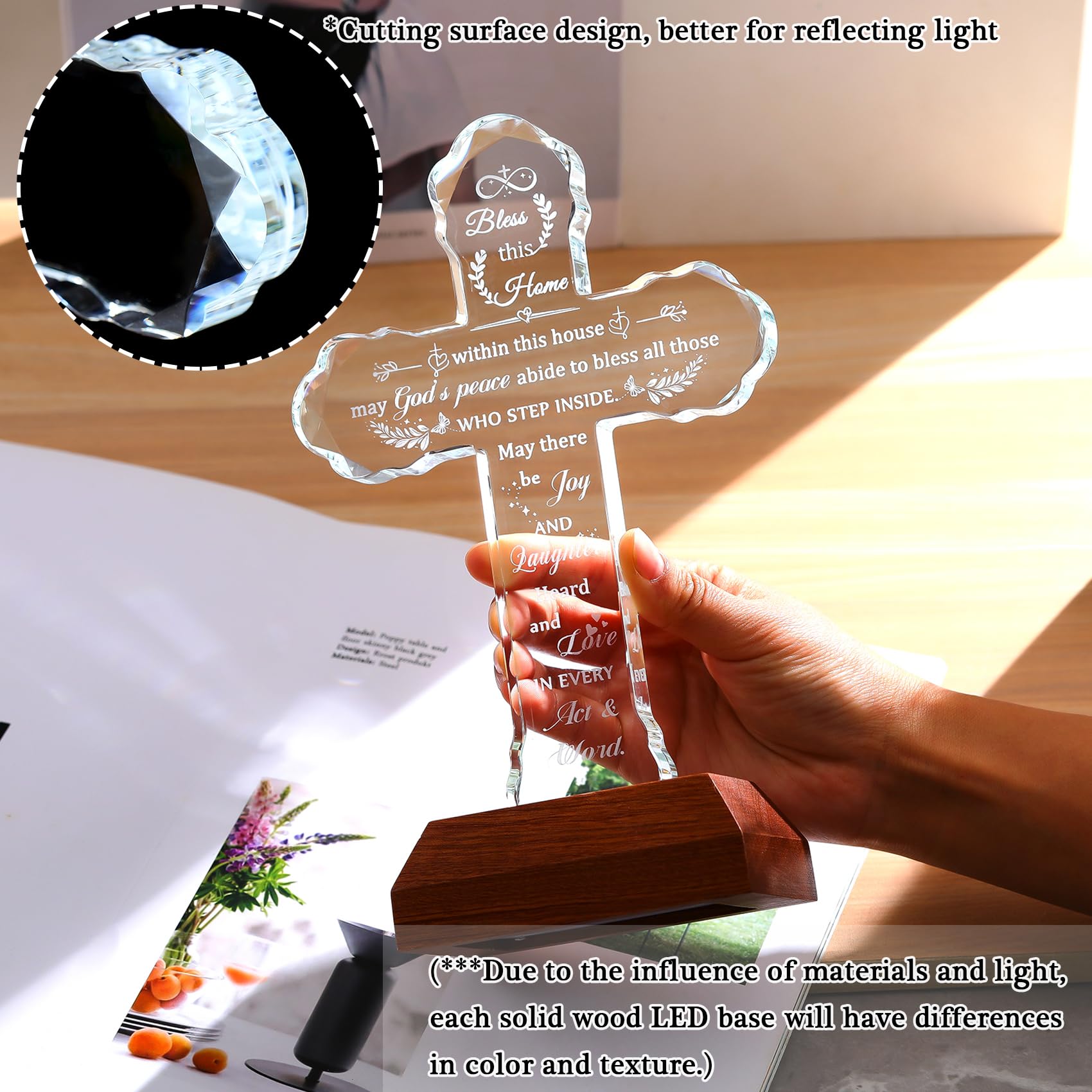 Ornalrist Regalos de inauguración de la casa, cruz de cristal con base LED colorida, bendición religiosa de inauguración de la casa, ideas de regalo para nuevos propietarios de viviendas, mujeres y