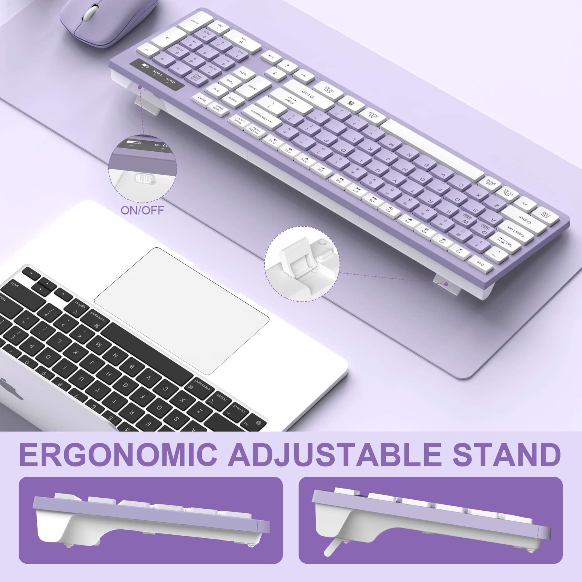 Wireless Keyboard and Mouse Combo, Full-Sized Wireless Keyboard and Adjustable DPI Mouse, 2.4GHz USB Receiver, Silent Keyboard and Mouse for PC, Windows, MAC, Desktop, Laptop(Purple)