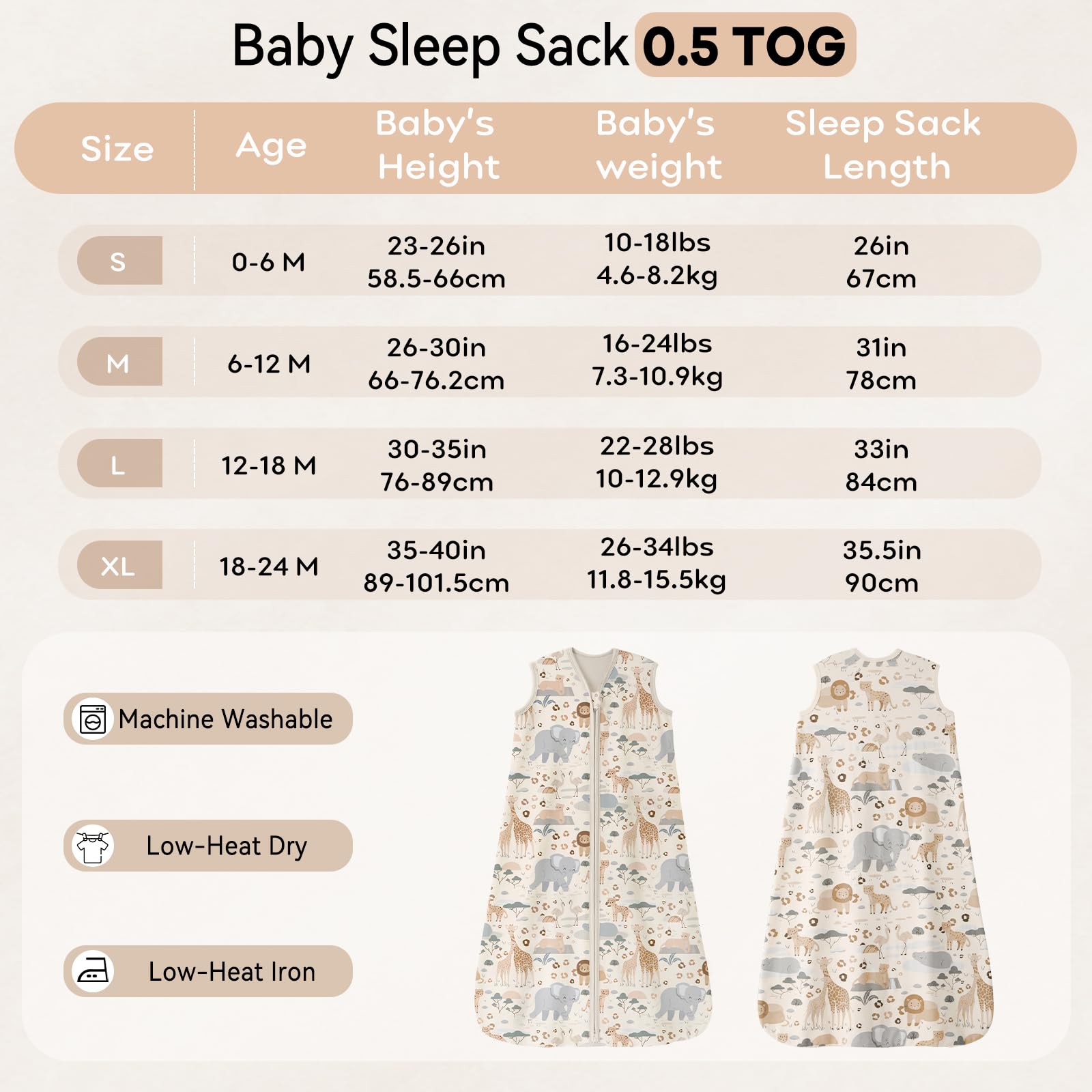 Unnivoll Baby Sleeping Bag 0.5 Tog 18-24 Months Summer Sleep Sack 100% Cotton Baby Sleep Bag Wearable Blanket for Newborn Infant Toddler Apricot Elephant — view 6