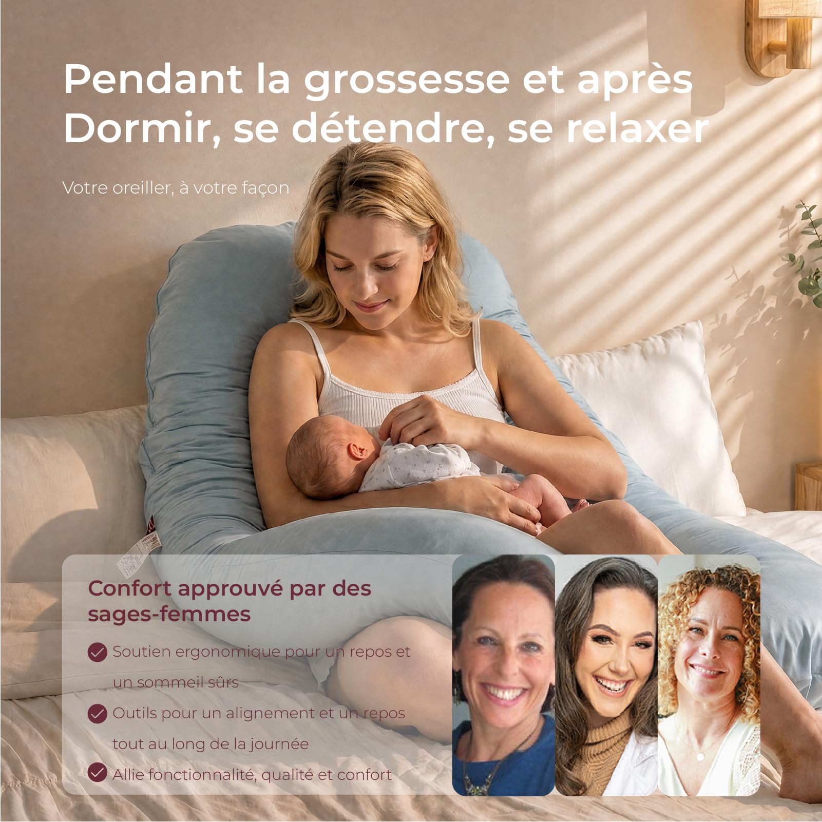 momcozy U-Lite Coussin de Grossesse Tissu Frais 130 cm Bleu | Pregnancy Pillow Symétrique Sommeil Latéral, Retournement Libre, Amovible et Lavable, Soutient Ventre, Dos et Jambes