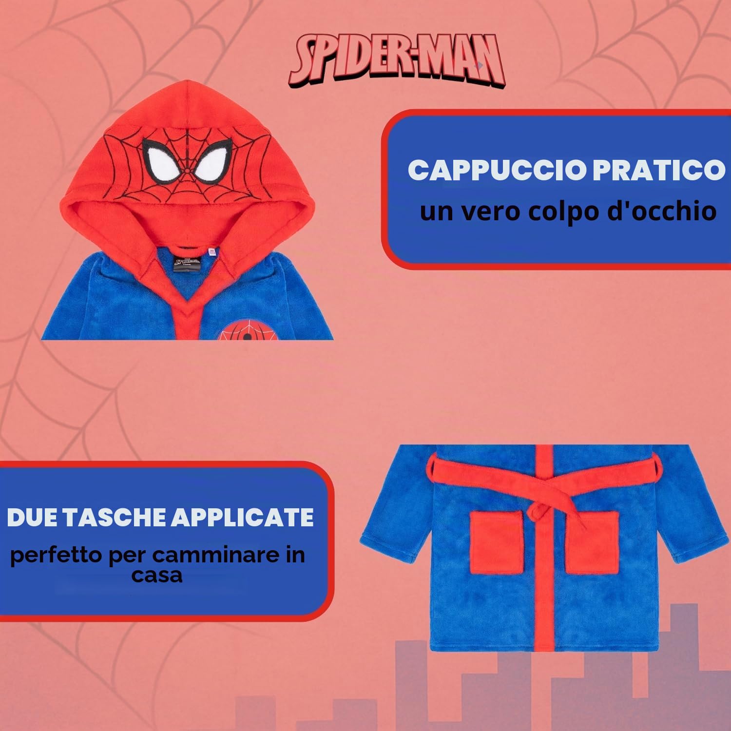 Spiderman - Accappatoio in pile, per bambini, con cappuccio