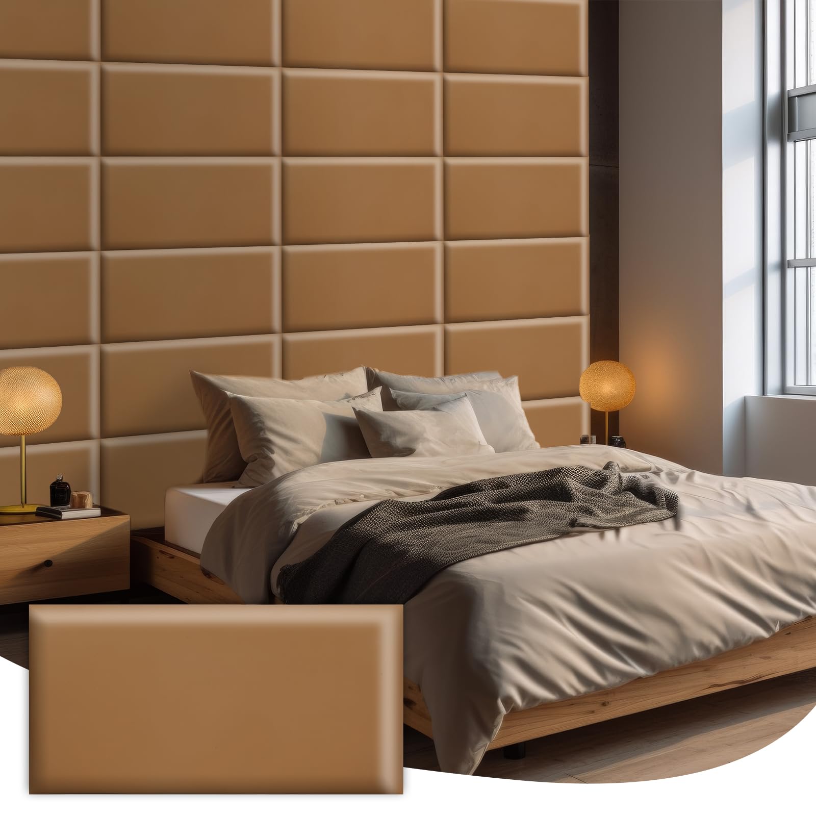Hanaive Peel and Stick Headboard 23.6'' x 11.8'' Upholstered Wall Panels for Twin, Queen and King 3D Anti Collision Wall Panel Reusable and Removable Padded Wall Panel for Bedroom(Coffee, King)