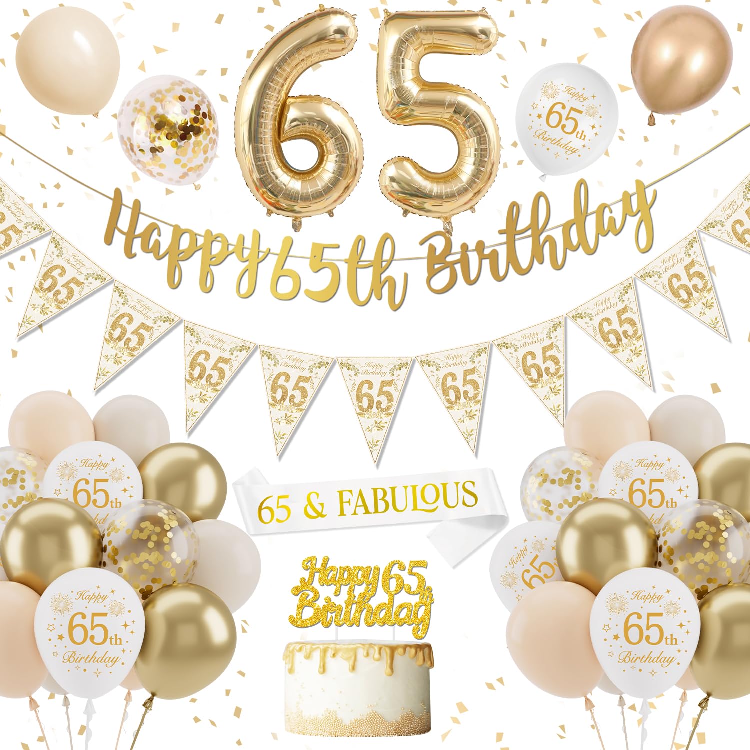 65th Birthday Decoration for Women Men, Gold White Birthday Balloons
