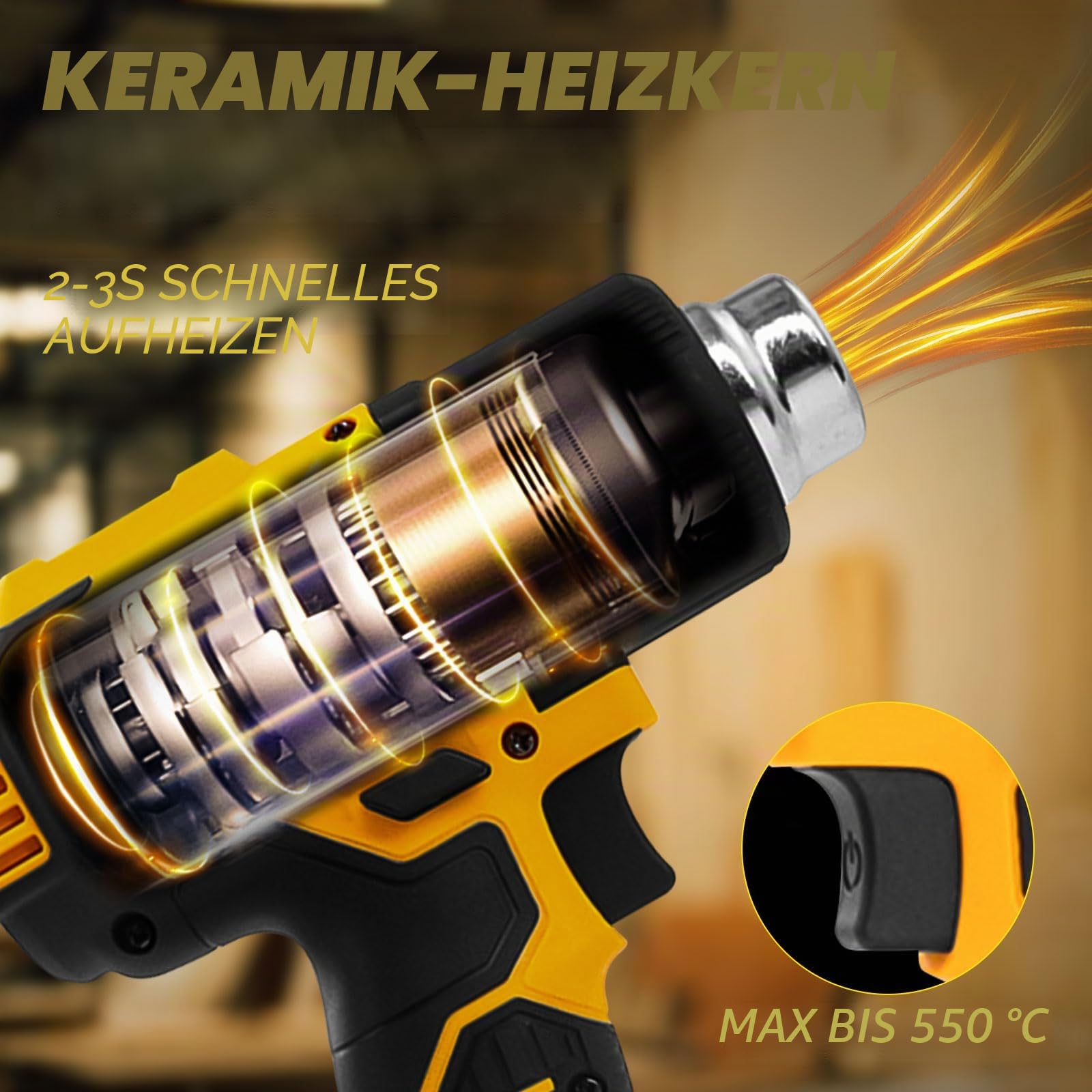 Akku-Heißluftpistole für Dewalt 20V Akku, 50℃-550℃ Heißluftpistole mit Digitalanzeige, Schnellheizung Kabellose Heißluftpistole, Einstellbare Temperatur und Luftstrom mit 5 Düsen