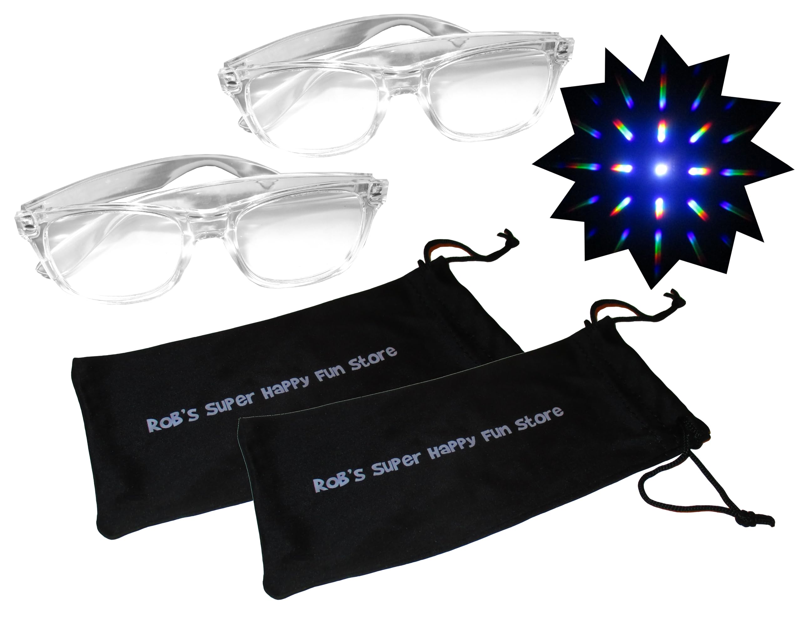 Rob's Super Happy Fun Store Fireworks Diffraction Glasses - 2 Glasses - Clear Plastic Frames - Starburst Prism Effect EDM Rainbow Kaleidoscope Rave