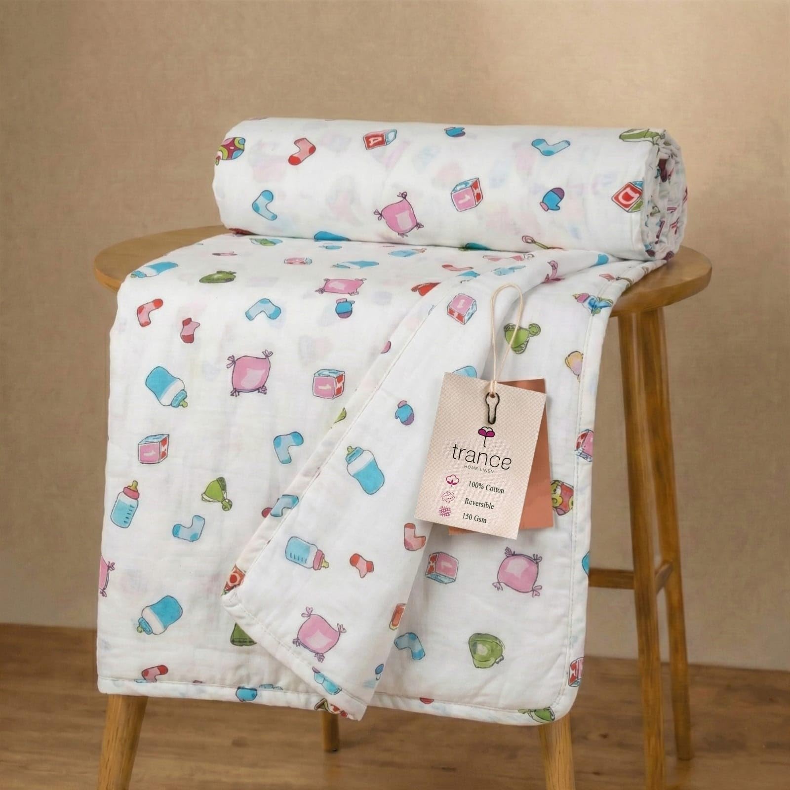 Trance Home Linen® Pure Malmal Cotton Multipurpose Baby Dohar | 3-Layered Baby Swaddle | Soft -Lightweight Baby Blanket | Crib Blanket (Age : 0-2 Year - 140cm x 100 cm-Caps & Dies)-picture-25