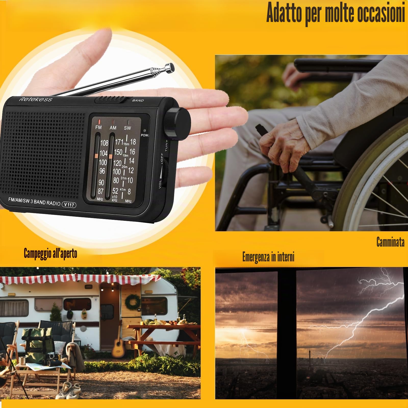 Retekess V117 Radio Mini,Radiolina Portatile AM FM SW,Radio a Pile,Auricolare,Con un'Eccellente Qualità del Suono,Camping,per Anziani (Nero)