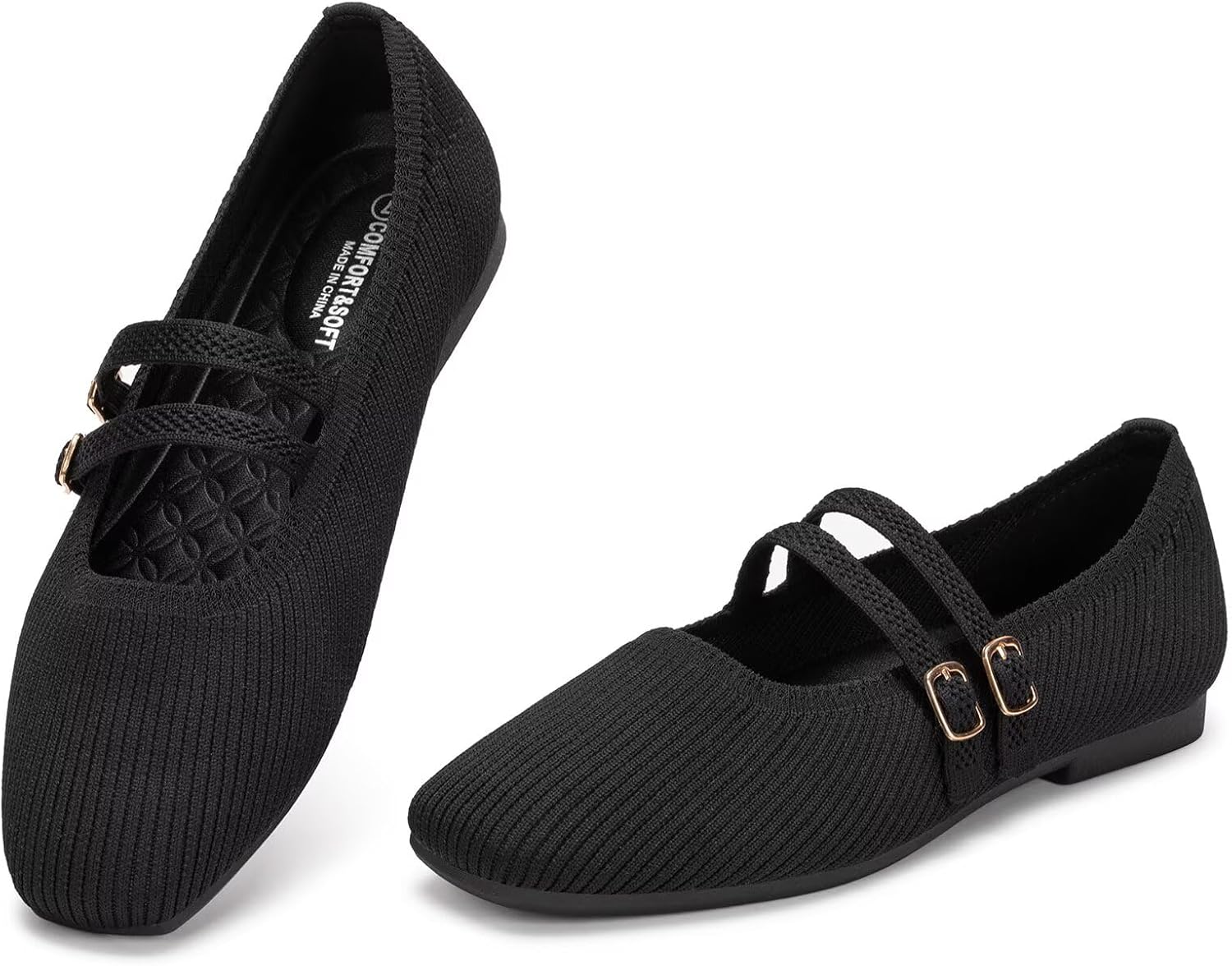 Frank Mully Women's Flats Square Toe Mary Jane Shoes Ballet Flats with Strap Comfortable Slip On Knit Shoes Dressy Casual - Image 3
