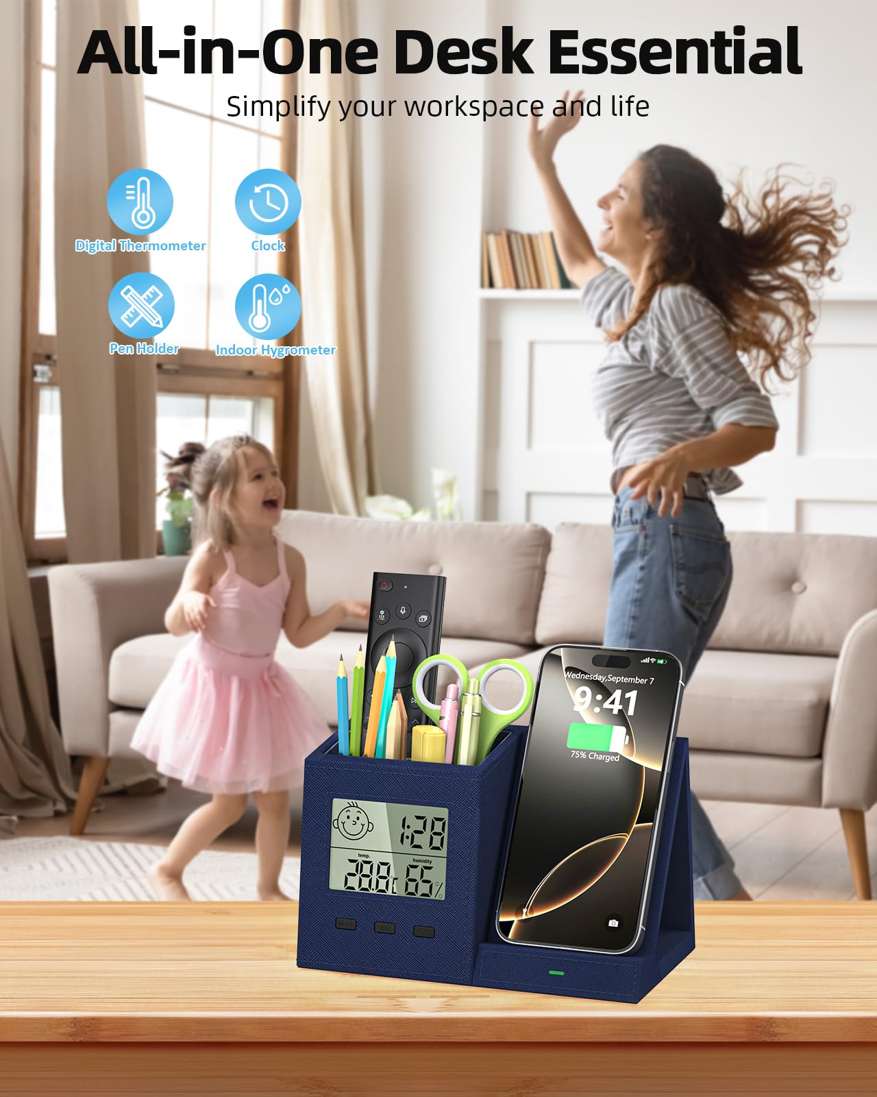 Organizer da scrivania con caricabatterie wireless, orologio digitale, termometro e igrometro, portapenne, multifunzione, accessori da scrivania per casa, ufficio, uomini, donne (batteria inclusa)