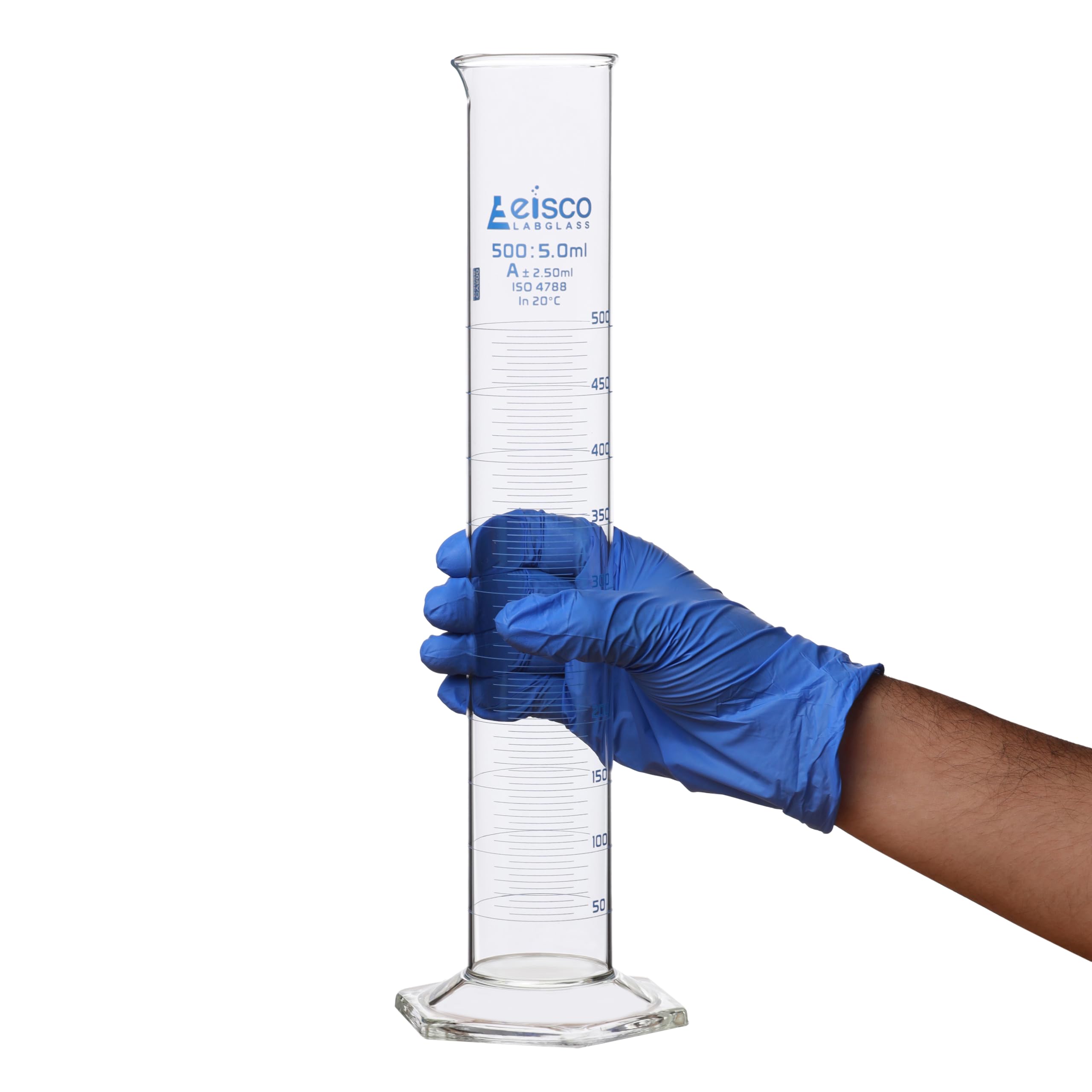 Cilindro di misurazione, 500 ml, classe A, tolleranza: ± 2,50 ml, base esagonale, graduazioni blu, vetro borosilicato, Eisco Labs