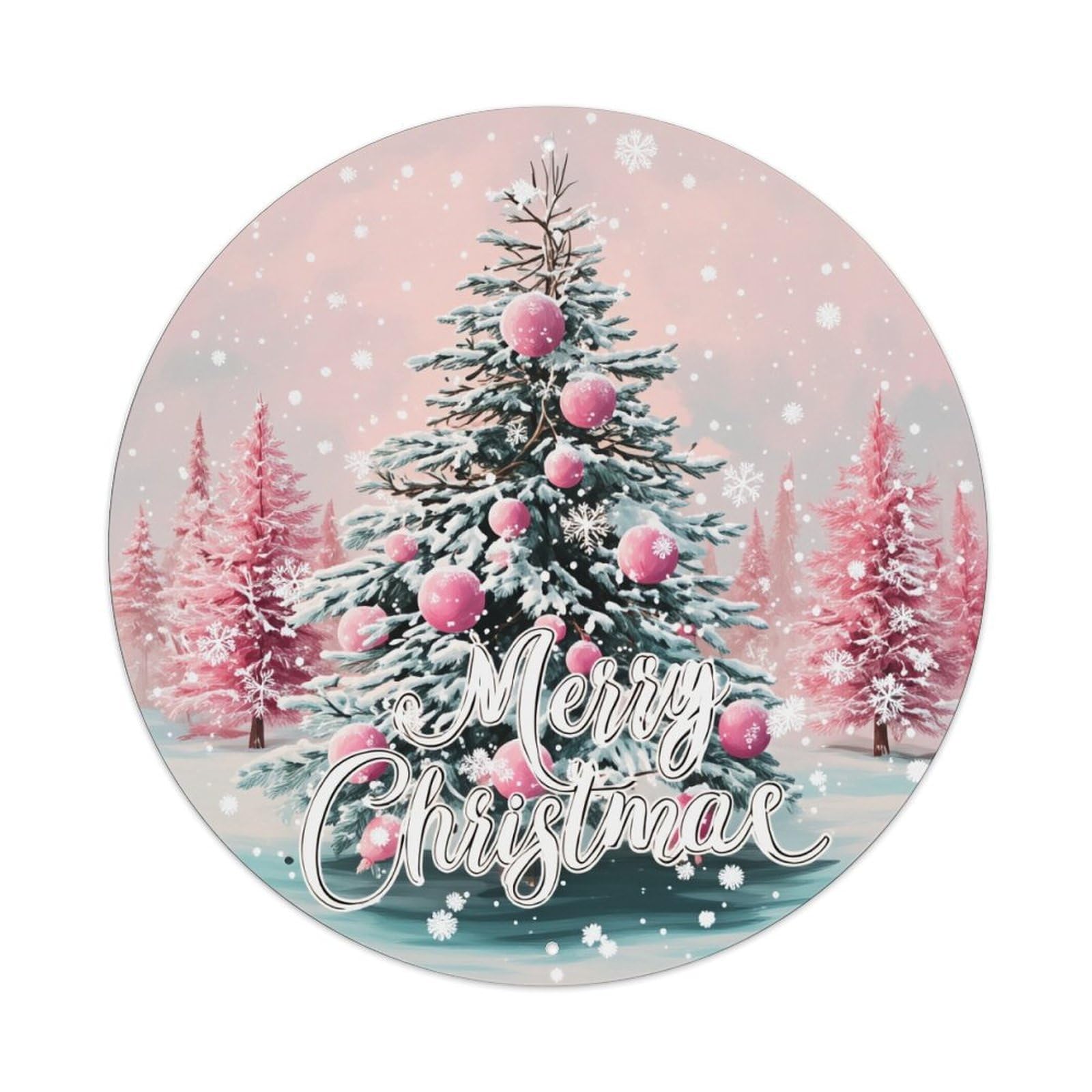 Merry Christmas Tree Snowflake Pink Round Tin Sign Vintage Metal Poster, Home Bar Garage Man Cave Cafe Indoor & Outdoor Wall Decoration 8x8Inches