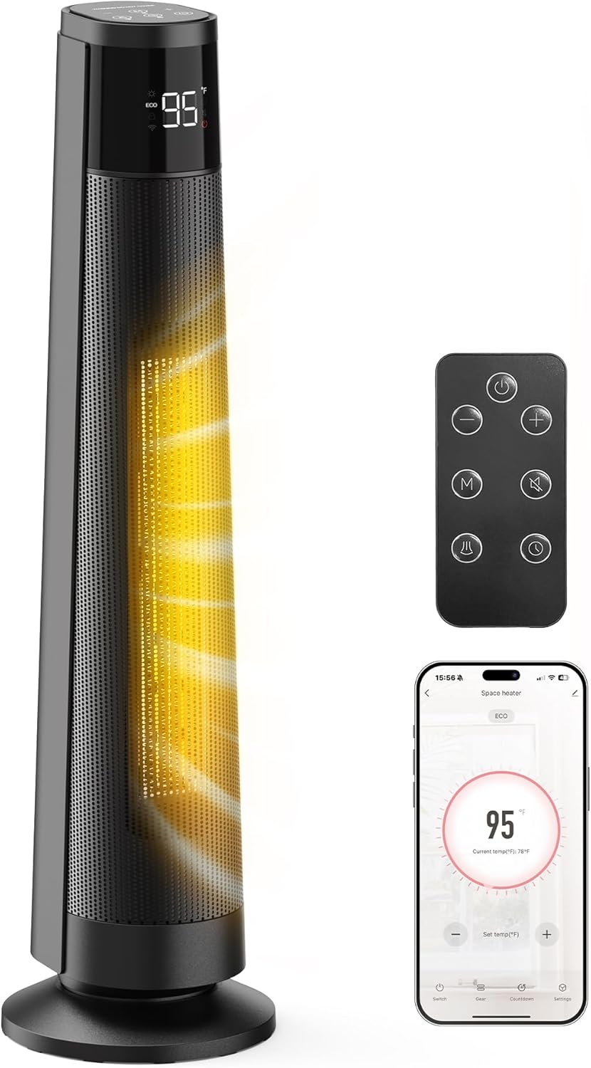 1500W Space Heaters for Indoor Use Large Room, WIFI Electric Heater with Voice Control, 5 Modes, ECO Thermostat, 12H Timer, Quiet & Safety PTC Ceramic Heater for Bedroom, Black, 1 Pack