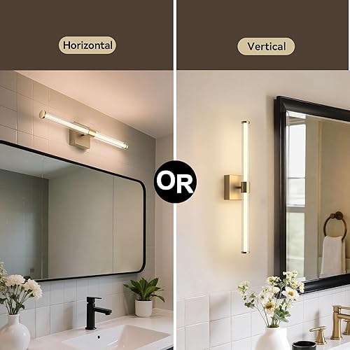 Miniatura 2 de Tubicen Lámpara de tocador dorada moderna de 360 de haz completo de 25 pulgadas, luz de pared lineal sobre espejo de 12 W, regulable, accesorios de