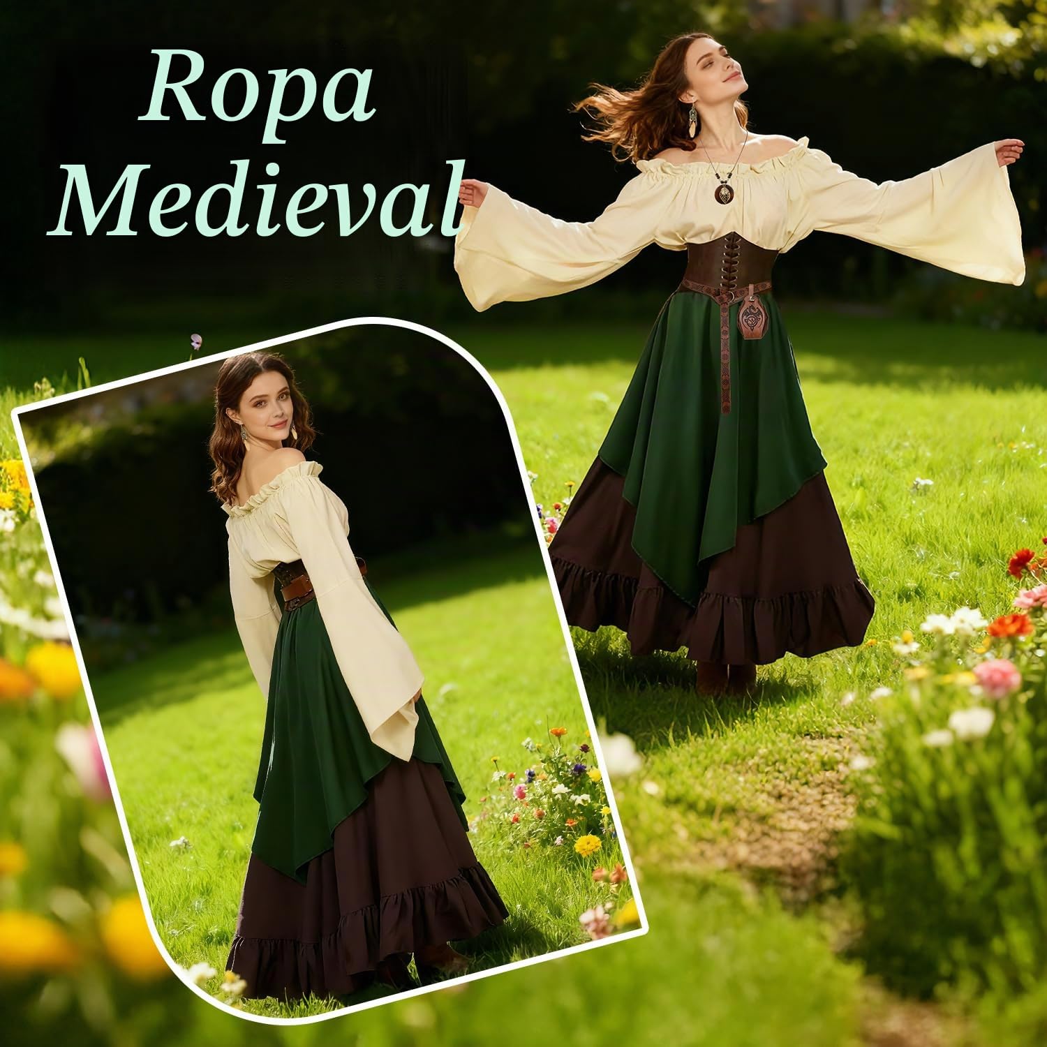 8 Pcs Ropa Medieval para Mujer con Accesorios y Caja | Disfraz Renacentista para Mujer con Corsé, Riñonera, Cinturón, Vestido Victoriano para Carnaval, Halloween, Fiestas