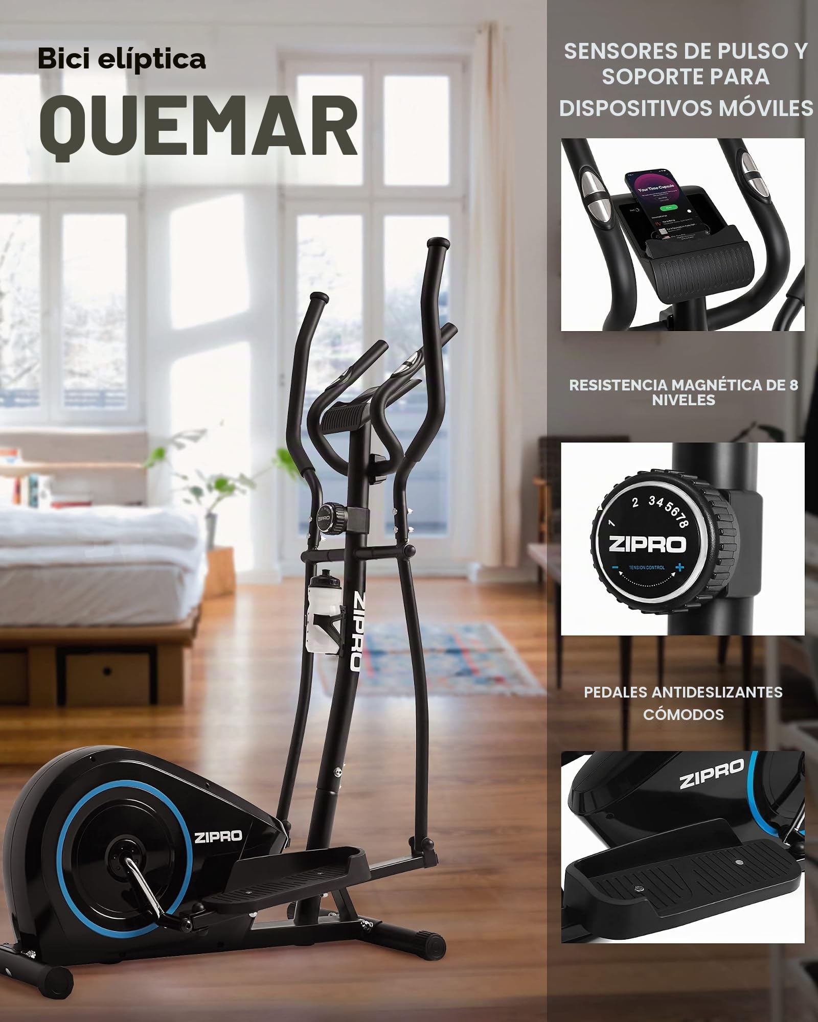 Zipro Elíptica Burn, Resistencia de hasta 120 kg, Ideal para el hogar, Equipo de Entrenamiento Cardiovascular, máquinas de Ejercicio, Entrenador doméstico, 8 Niveles de Resistencia