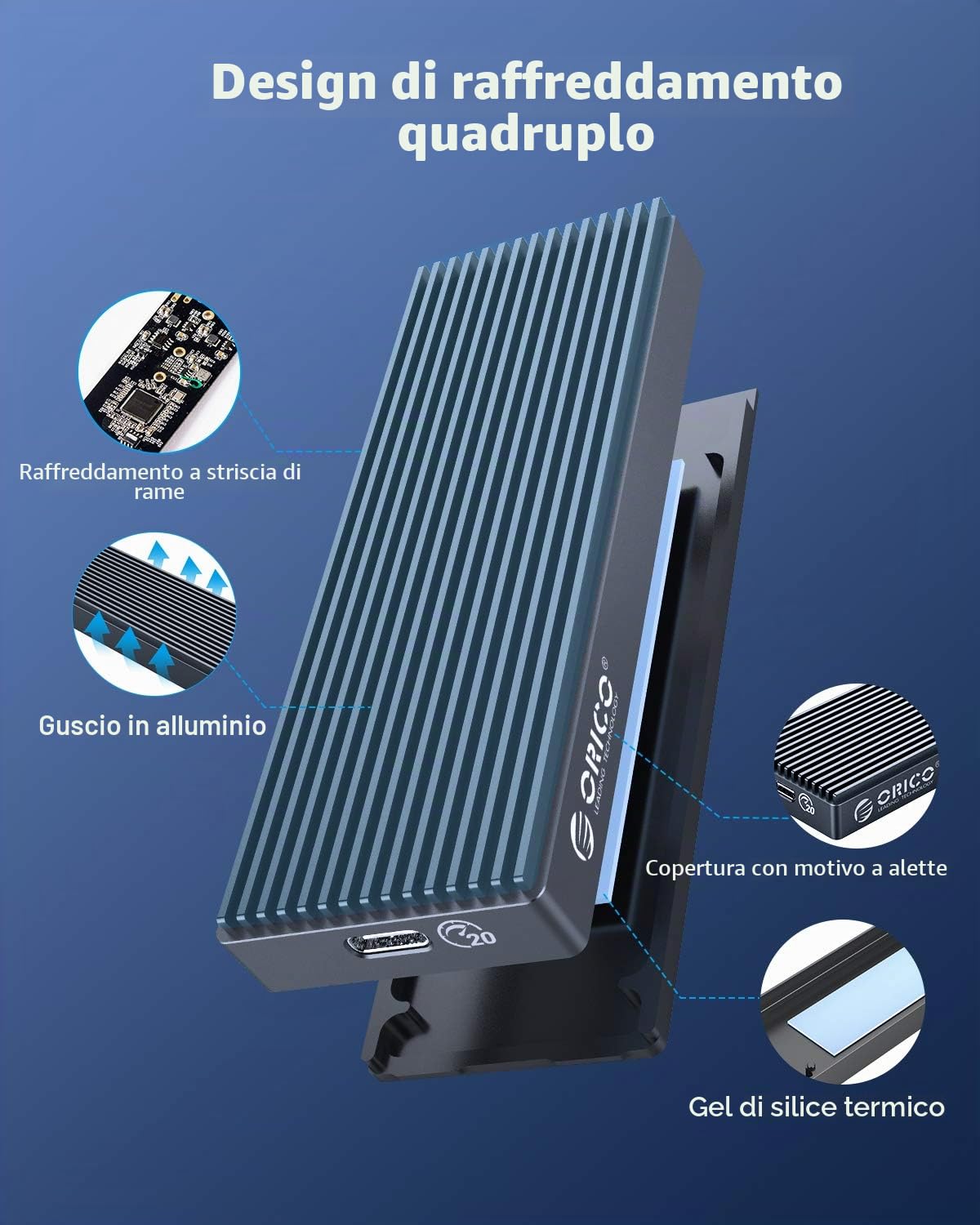 ORICO 20Gbps M.2 NVMe SSDCase esterno portatile USB 3.2 Gen 2x2 Alluminio Supporta i formati 2230, 2242, 2260, 2280 (M/B+M Key) fino a 8TB Perfetto per PS5, Laptop e Desktop M2PAC3